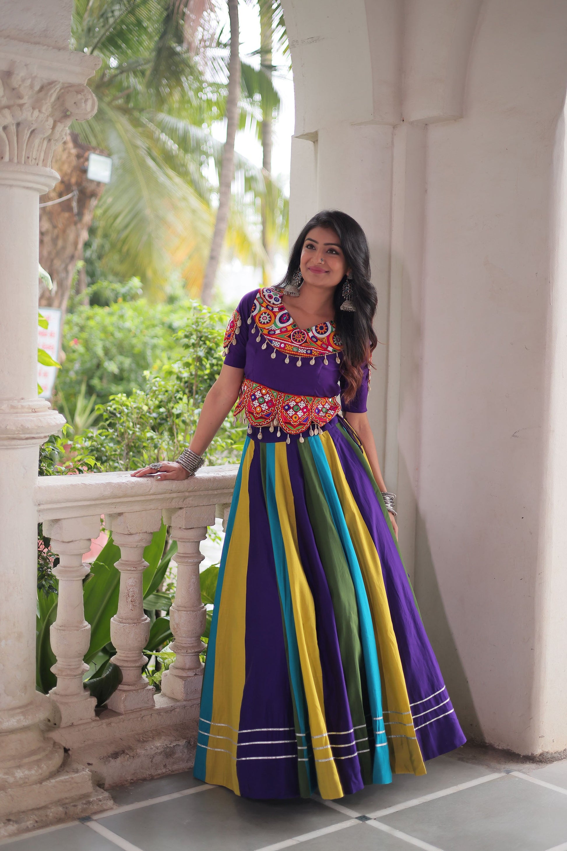 Lorenvalley Fashion Multicolor Roman Silk with Attractive Colour Combination Roman Fabric Gota Lace work Lehenga Choli | Swadesiicart