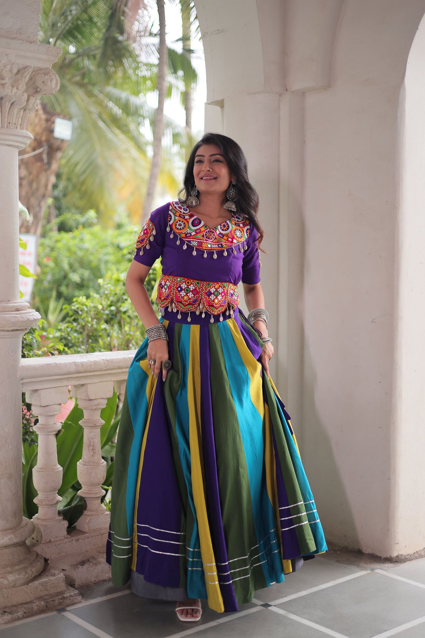 Lorenvalley Fashion Multicolor Roman Silk with Attractive Colour Combination Roman Fabric Gota Lace work Lehenga Choli | Swadesiicart