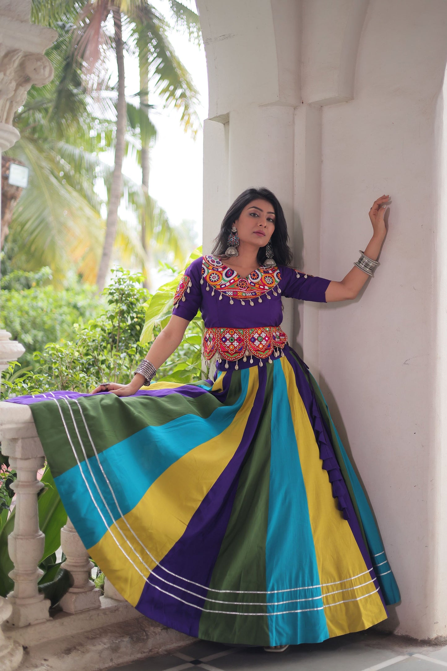 Lorenvalley Fashion Multicolor Roman Silk with Attractive Colour Combination Roman Fabric Gota Lace work Lehenga Choli | Swadesiicart