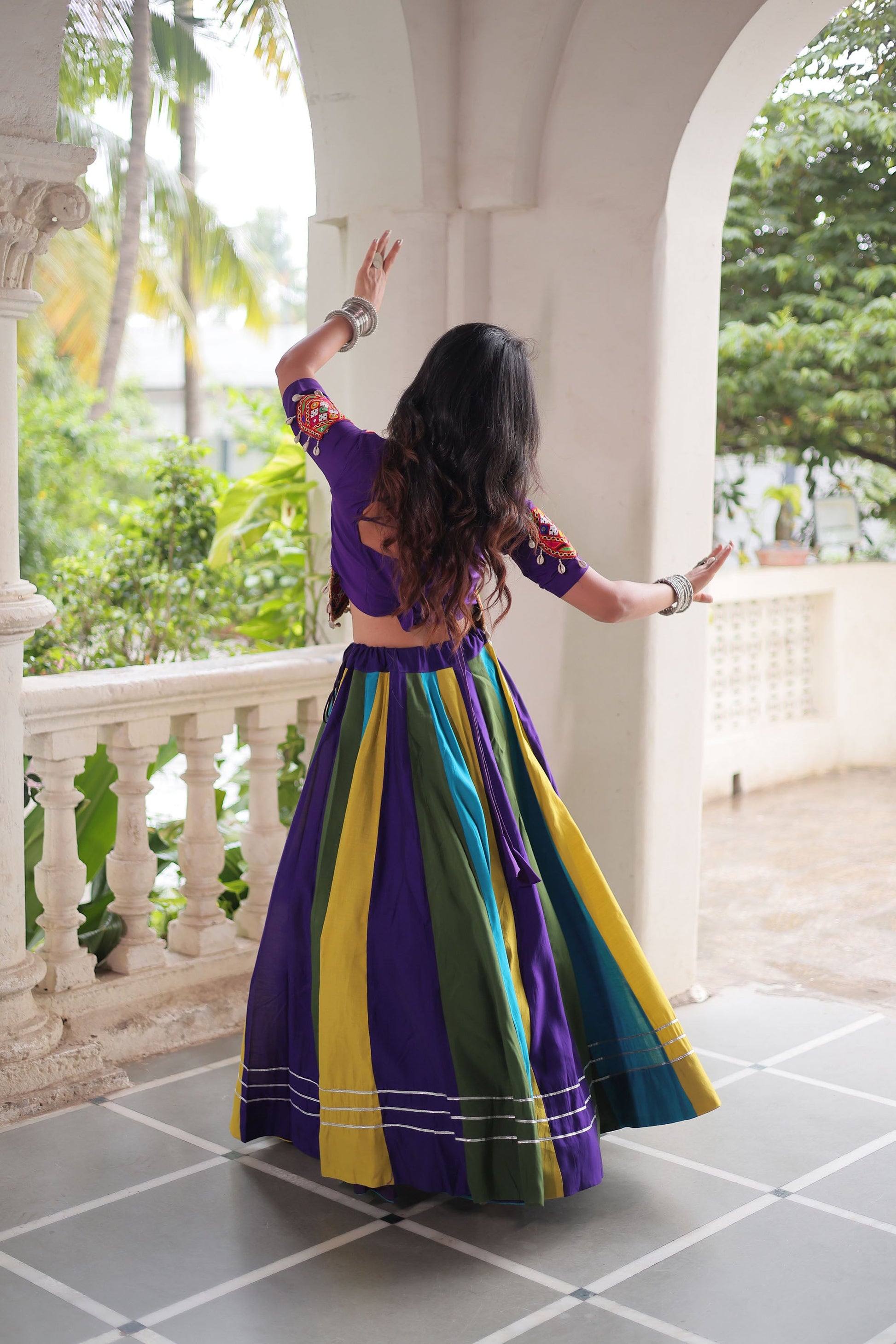 Lorenvalley Fashion Multicolor Roman Silk with Attractive Colour Combination Roman Fabric Gota Lace work Lehenga Choli | Swadesiicart
