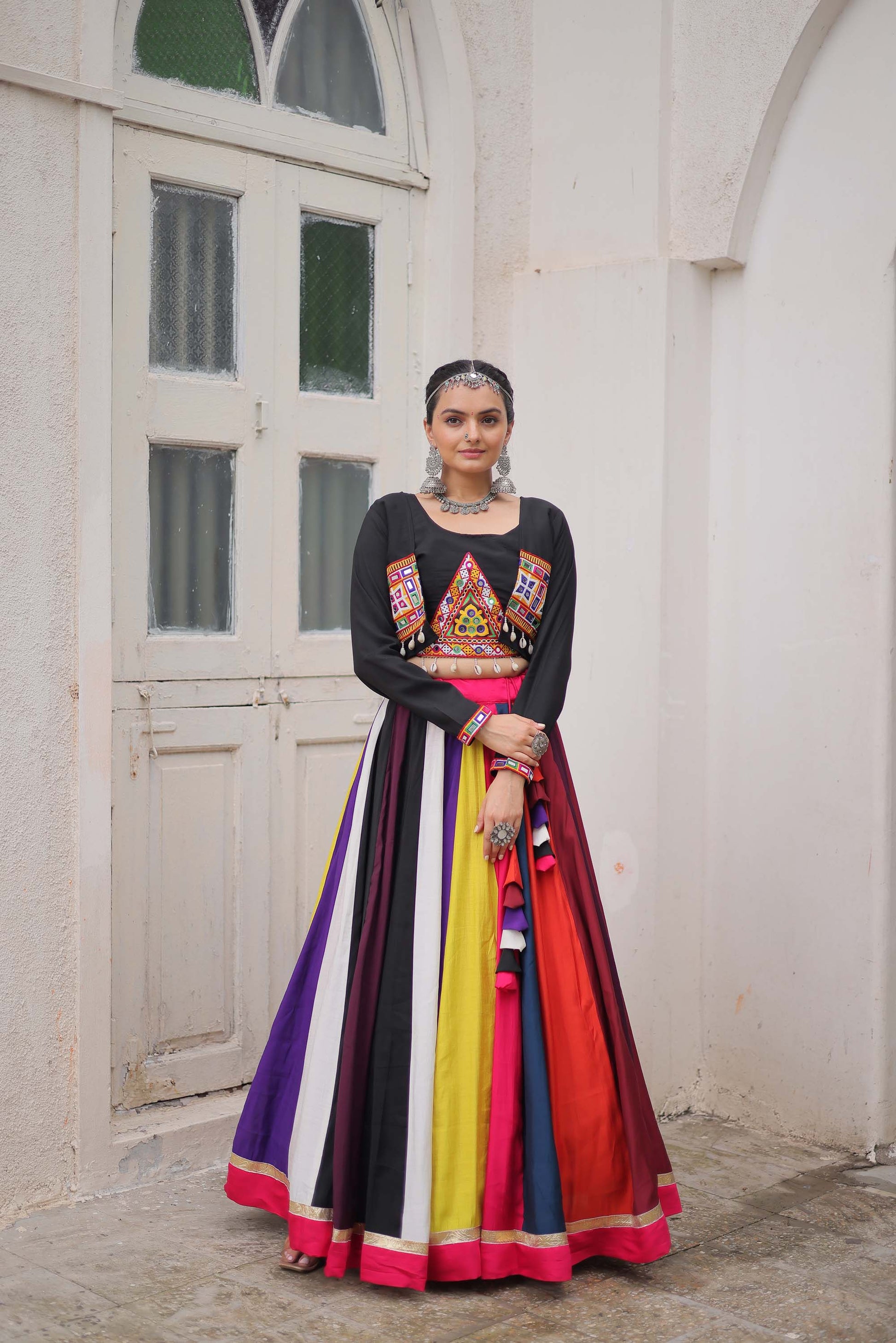 Lorenvalley Fashion Multicolor Roman Silk with Attractive Colour Combination Roman Fabrics Lace work Lehenga Choli | Swadesiicart
