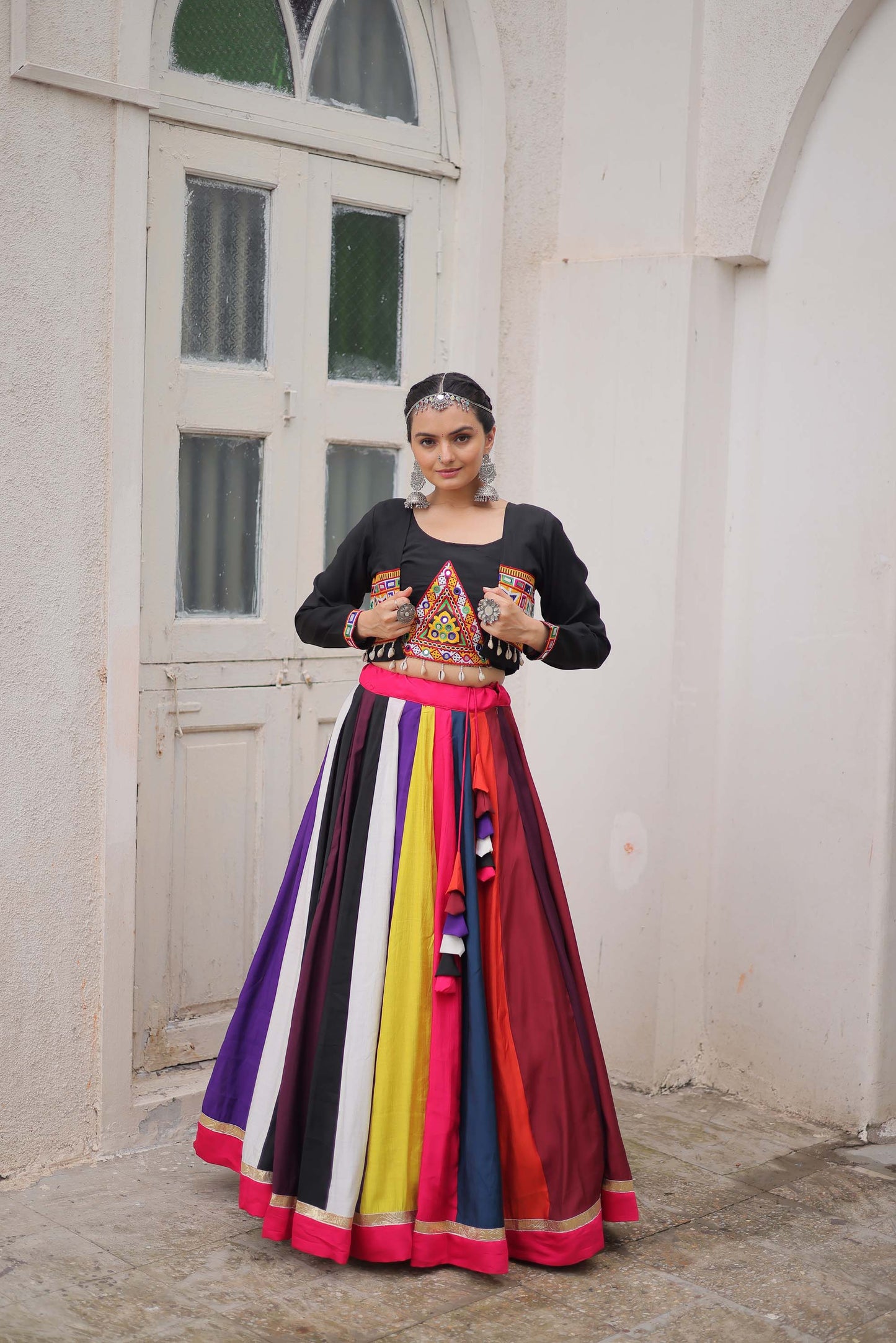 Lorenvalley Fashion Multicolor Roman Silk with Attractive Colour Combination Roman Fabrics Lace work Lehenga Choli | Swadesiicart
