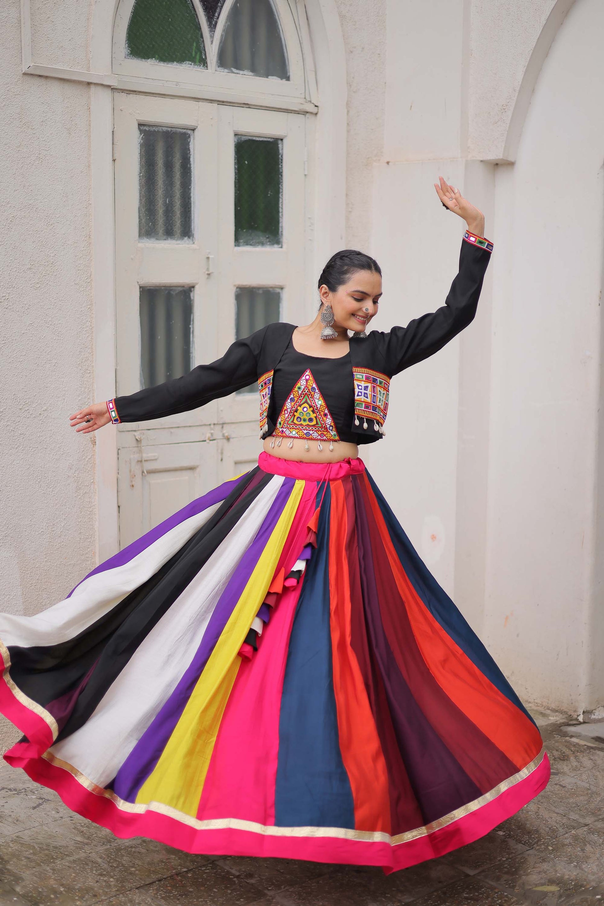 Lorenvalley Fashion Multicolor Roman Silk with Attractive Colour Combination Roman Fabrics Lace work Lehenga Choli | Swadesiicart