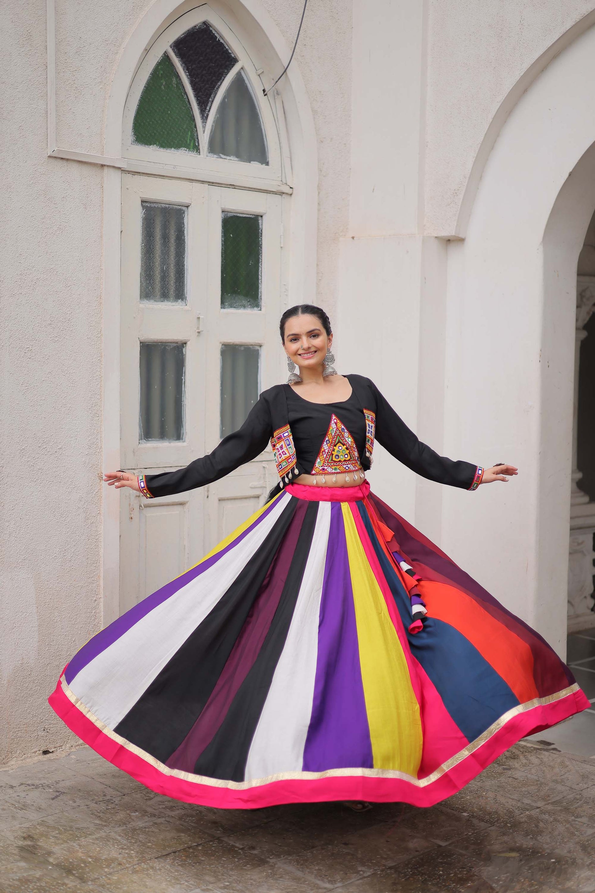 Lorenvalley Fashion Multicolor Roman Silk with Attractive Colour Combination Roman Fabrics Lace work Lehenga Choli | Swadesiicart