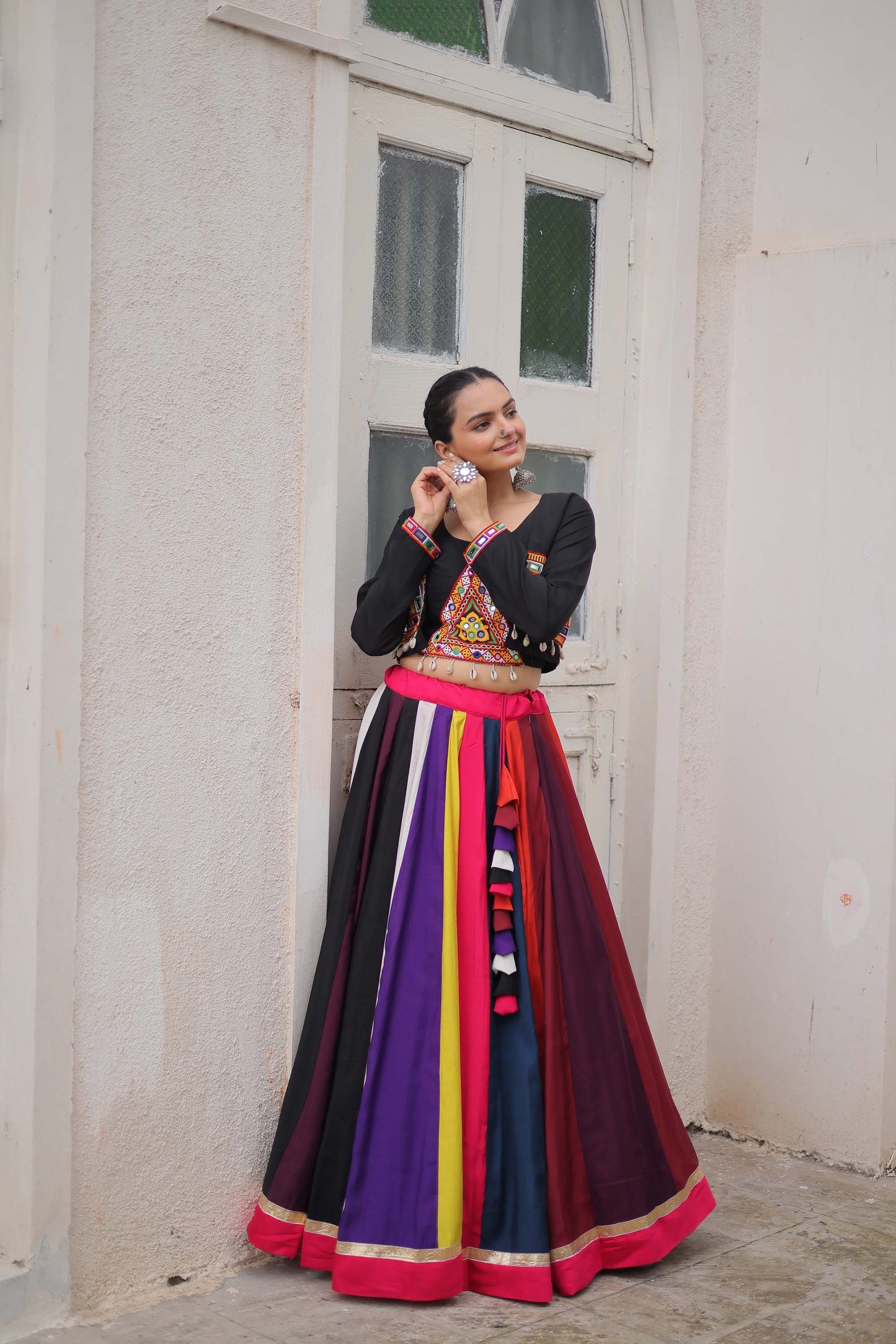 Lorenvalley Fashion Multicolor Roman Silk with Attractive Colour Combination Roman Fabrics Lace work Lehenga Choli | Swadesiicart