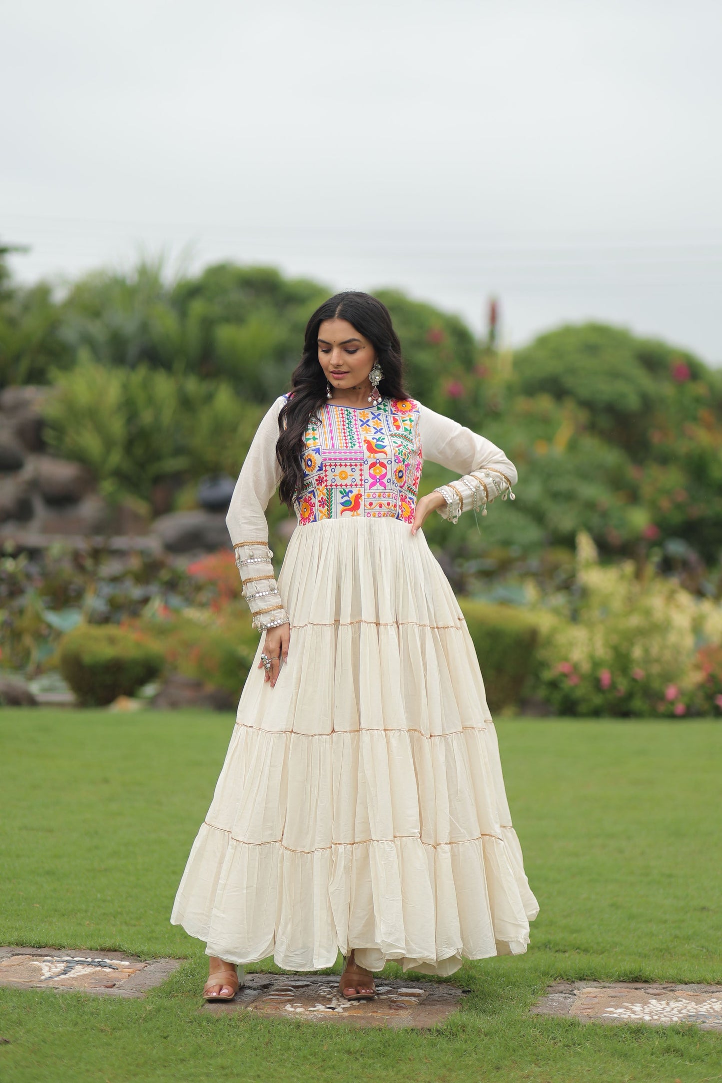 Lorenvalley Fashion Offwhite Kora Cotton with Multi Thread Embroidered & Gota patti Work Gown | Swadesiicart