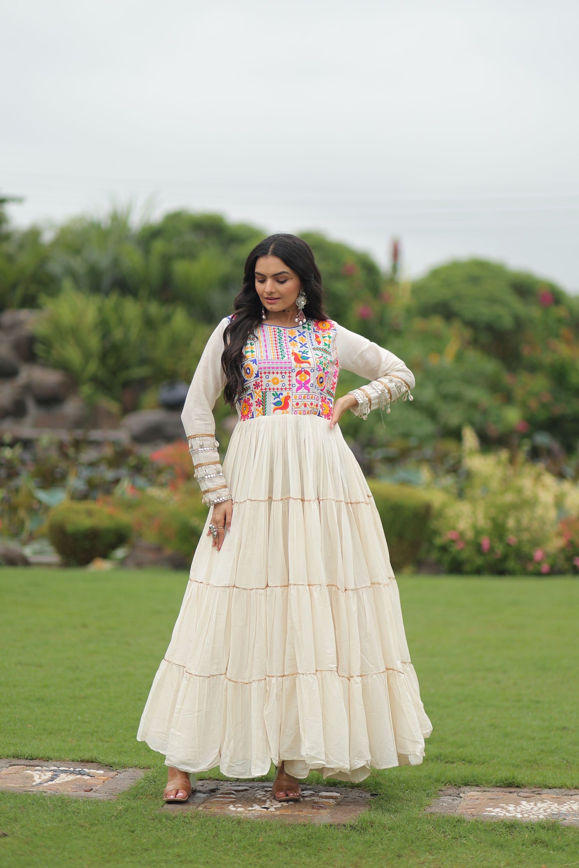 Lorenvalley Fashion Offwhite Kora Cotton with Multi Thread Embroidered & Gota patti Work Gown | Swadesiicart