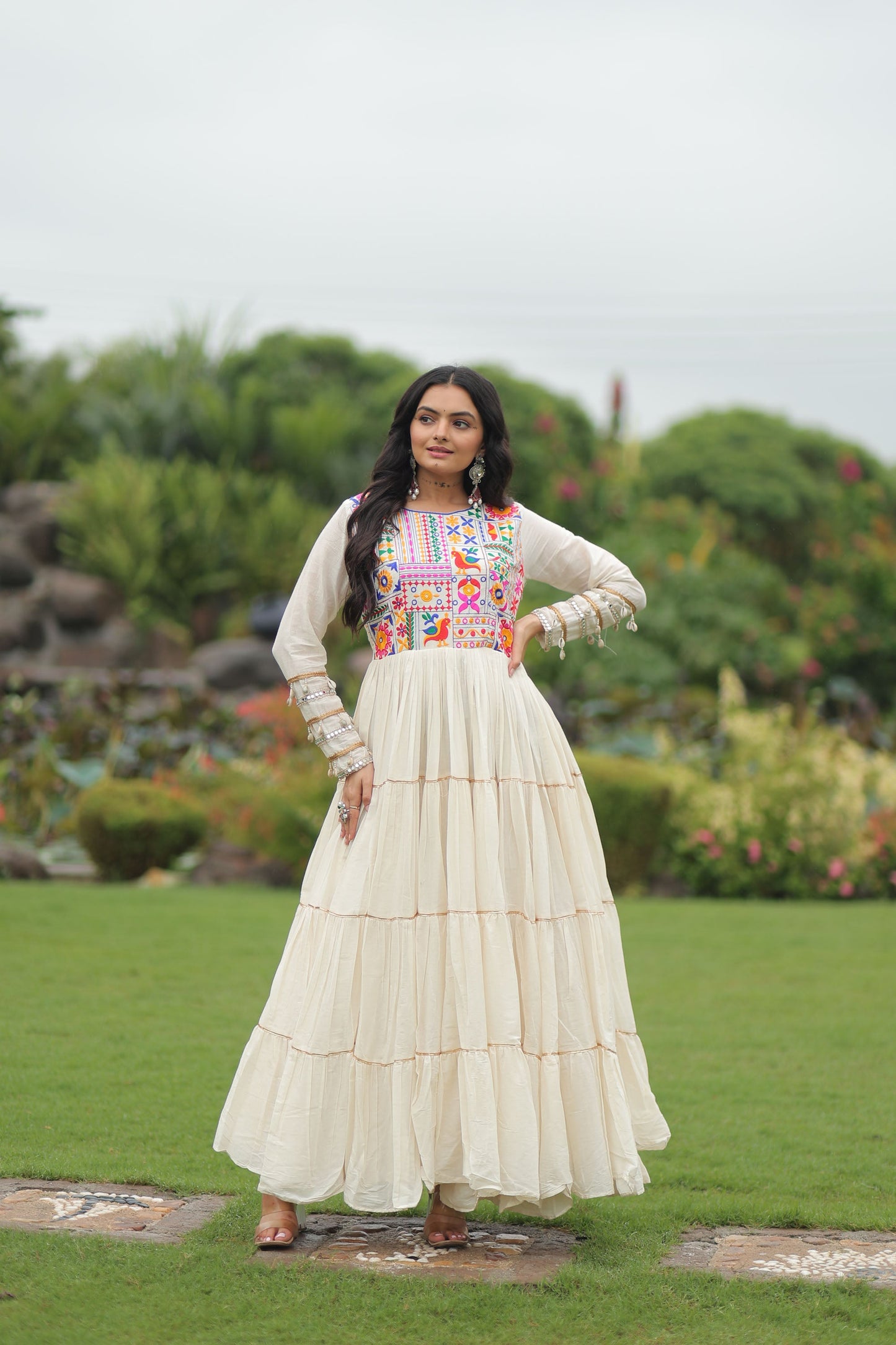 Lorenvalley Fashion Offwhite Kora Cotton with Multi Thread Embroidered & Gota patti Work Gown | Swadesiicart