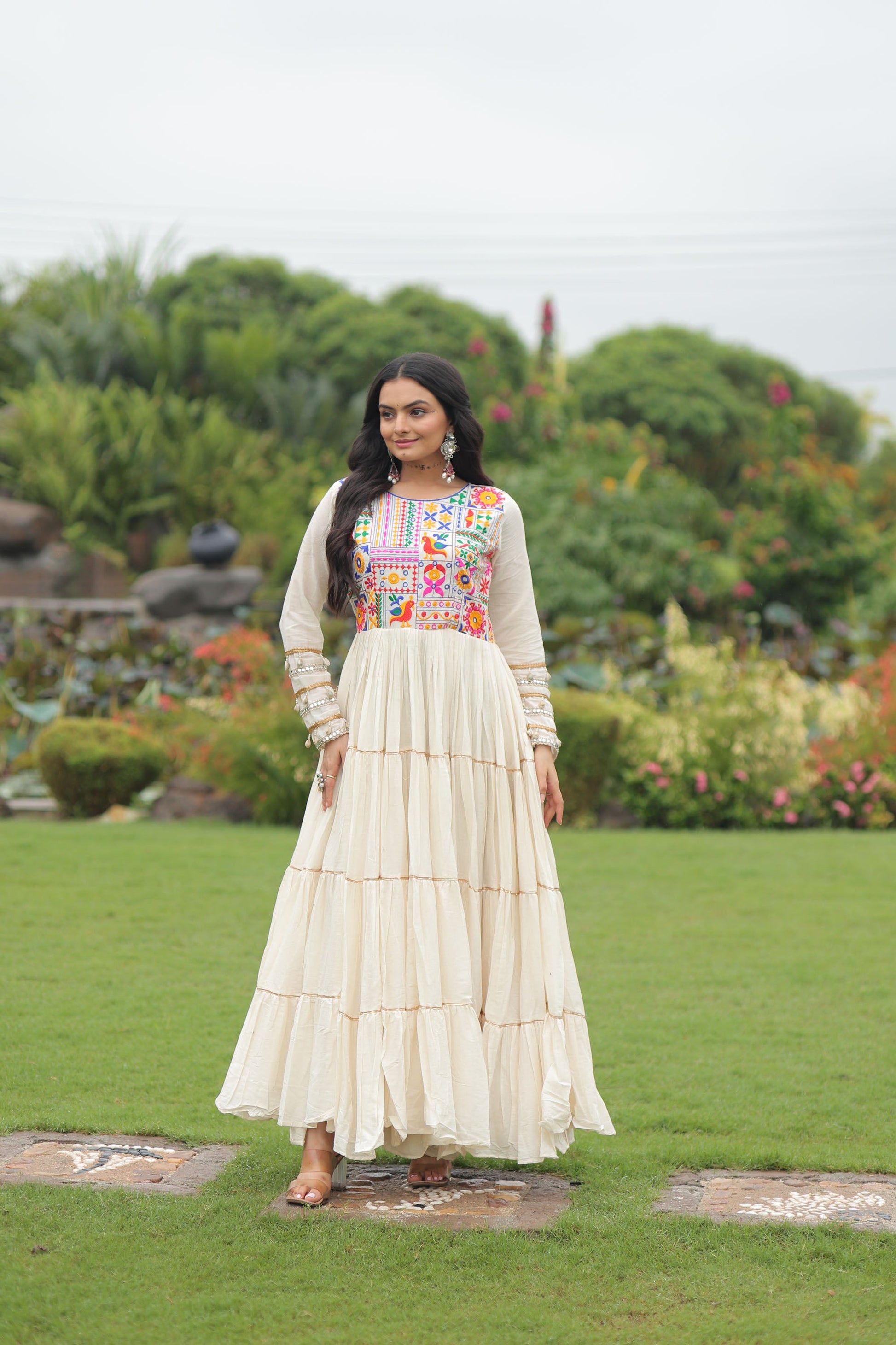 Lorenvalley Fashion Offwhite Kora Cotton with Multi Thread Embroidered & Gota patti Work Gown | Swadesiicart