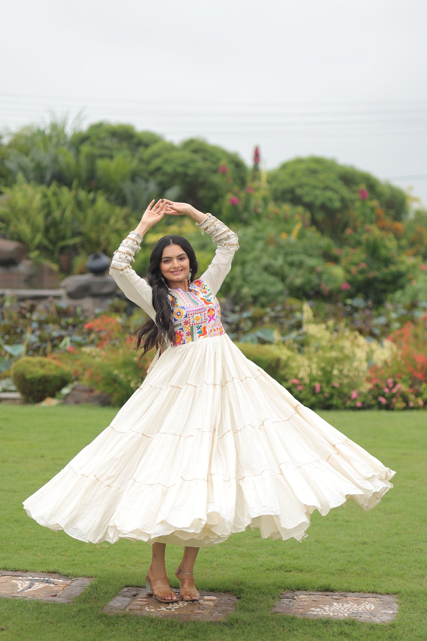 Lorenvalley Fashion Offwhite Kora Cotton with Multi Thread Embroidered & Gota patti Work Gown | Swadesiicart