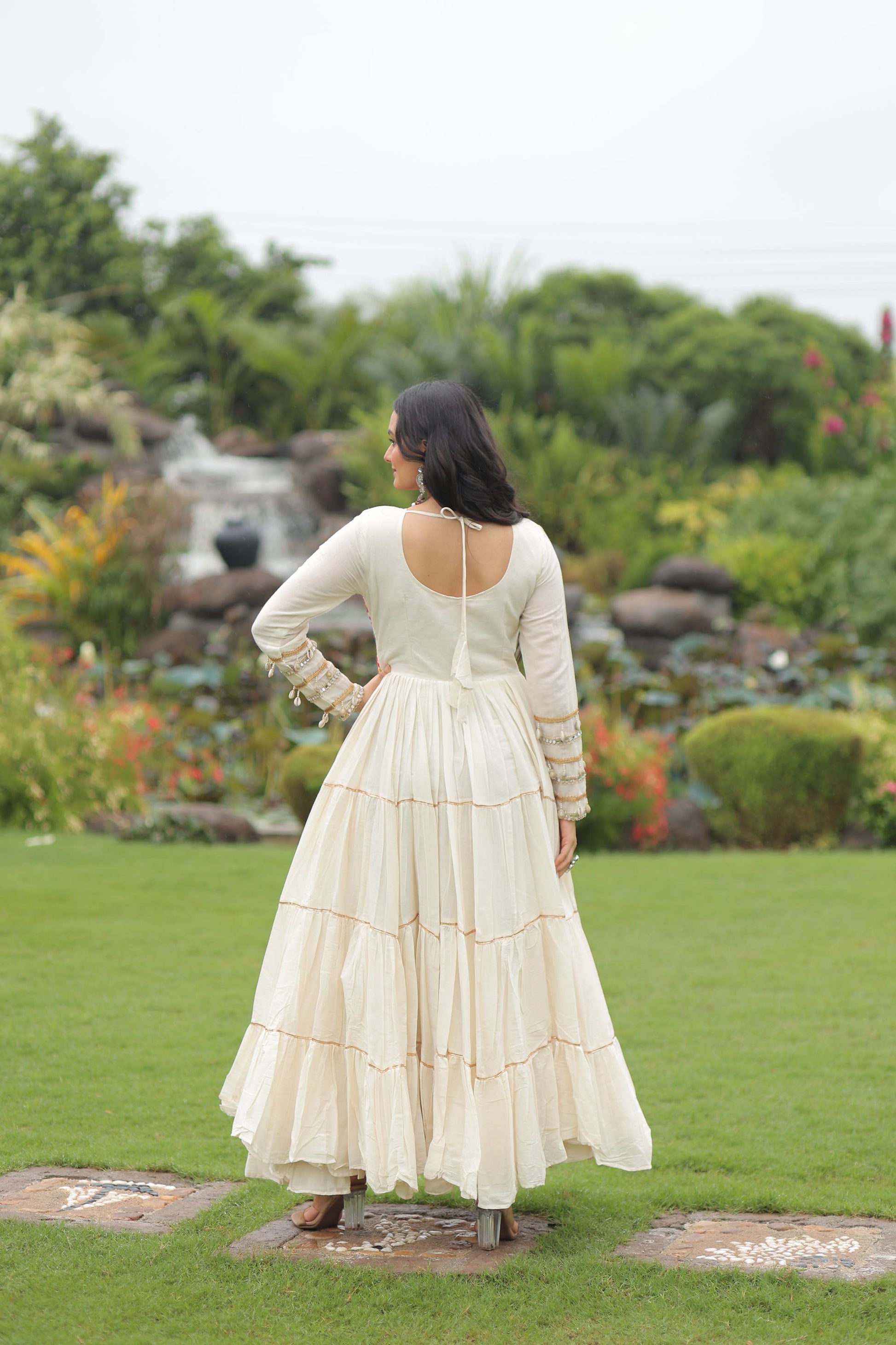 Lorenvalley Fashion Offwhite Kora Cotton with Multi Thread Embroidered & Gota patti Work Gown | Swadesiicart