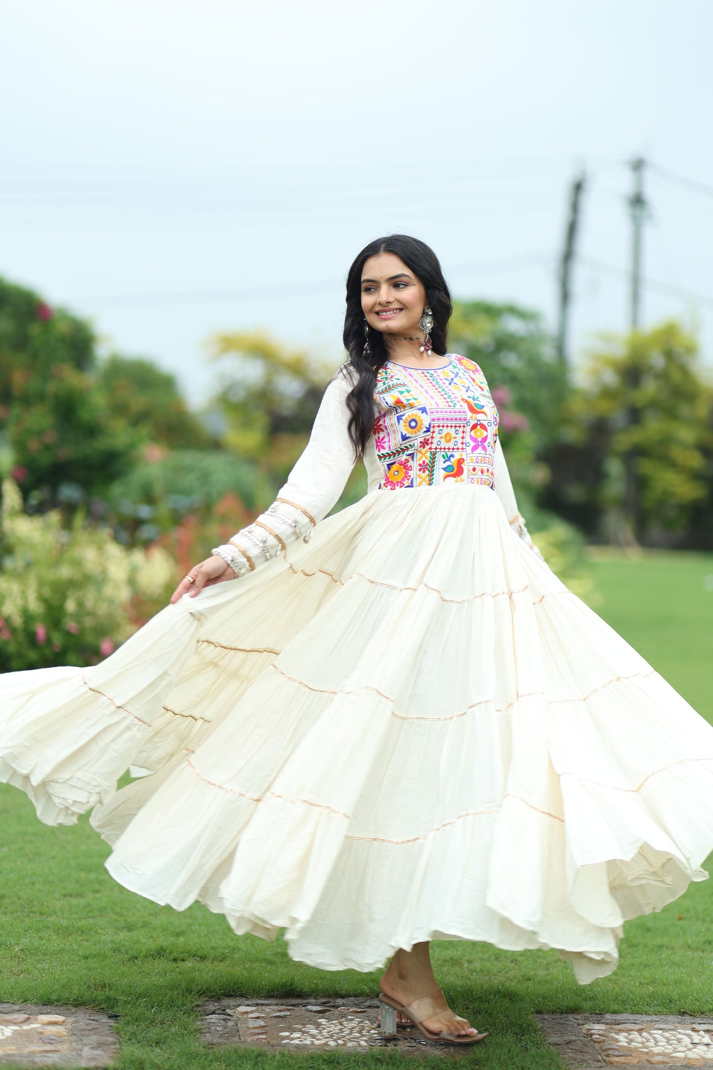 Lorenvalley Fashion Offwhite Kora Cotton with Multi Thread Embroidered & Gota patti Work Gown | Swadesiicart