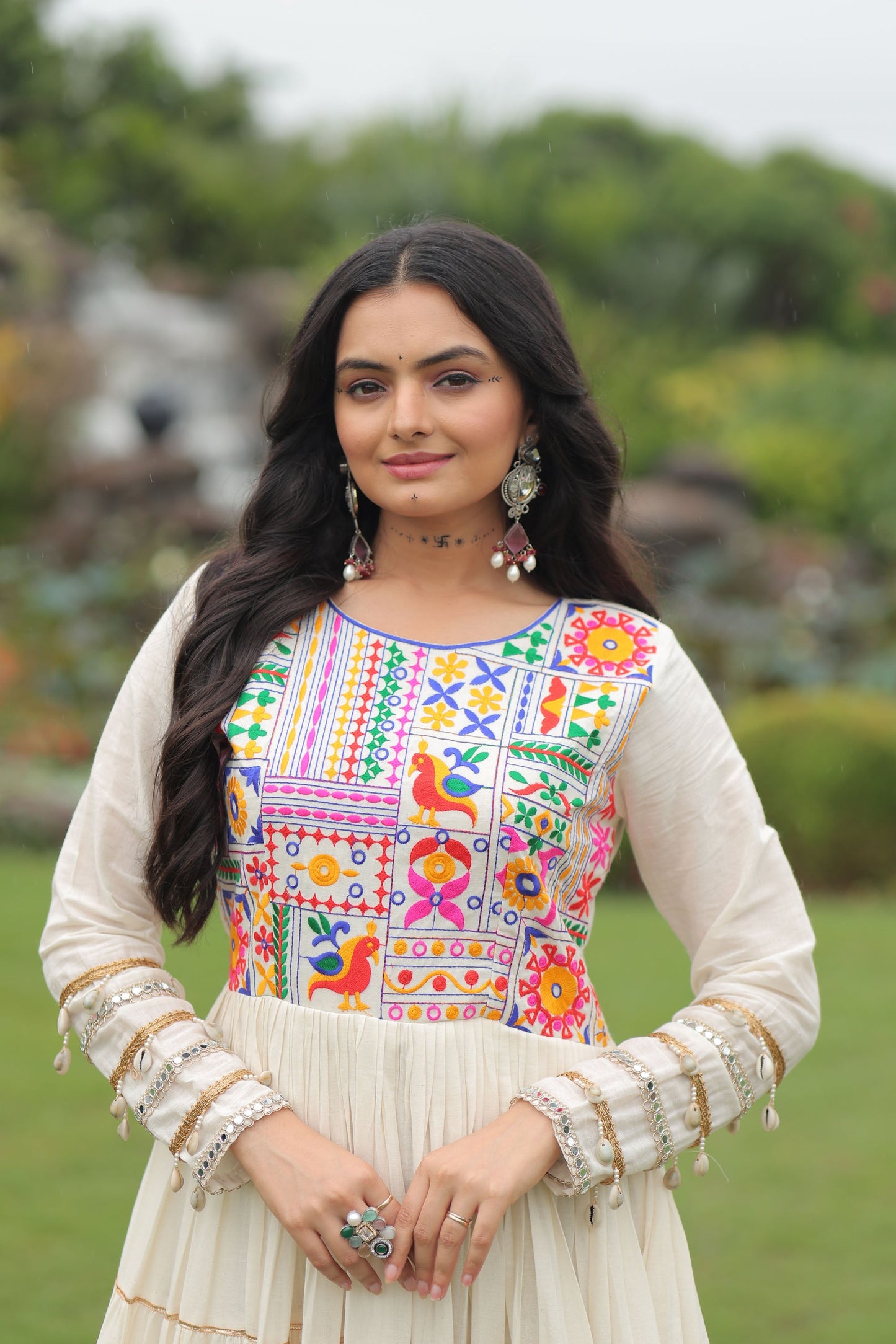 Lorenvalley Fashion Offwhite Kora Cotton with Multi Thread Embroidered & Gota patti Work Gown | Swadesiicart