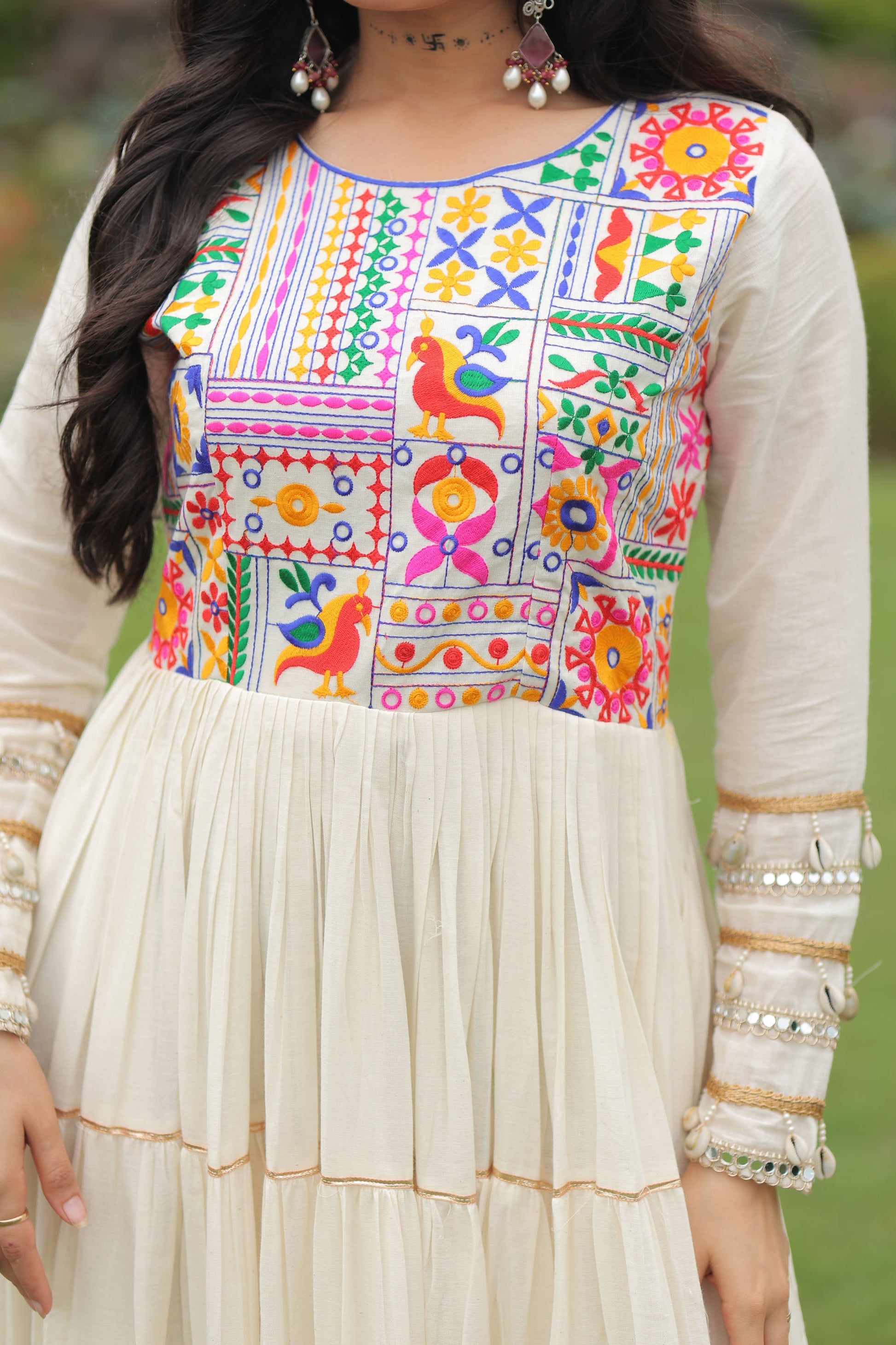 Lorenvalley Fashion Offwhite Kora Cotton with Multi Thread Embroidered & Gota patti Work Gown | Swadesiicart