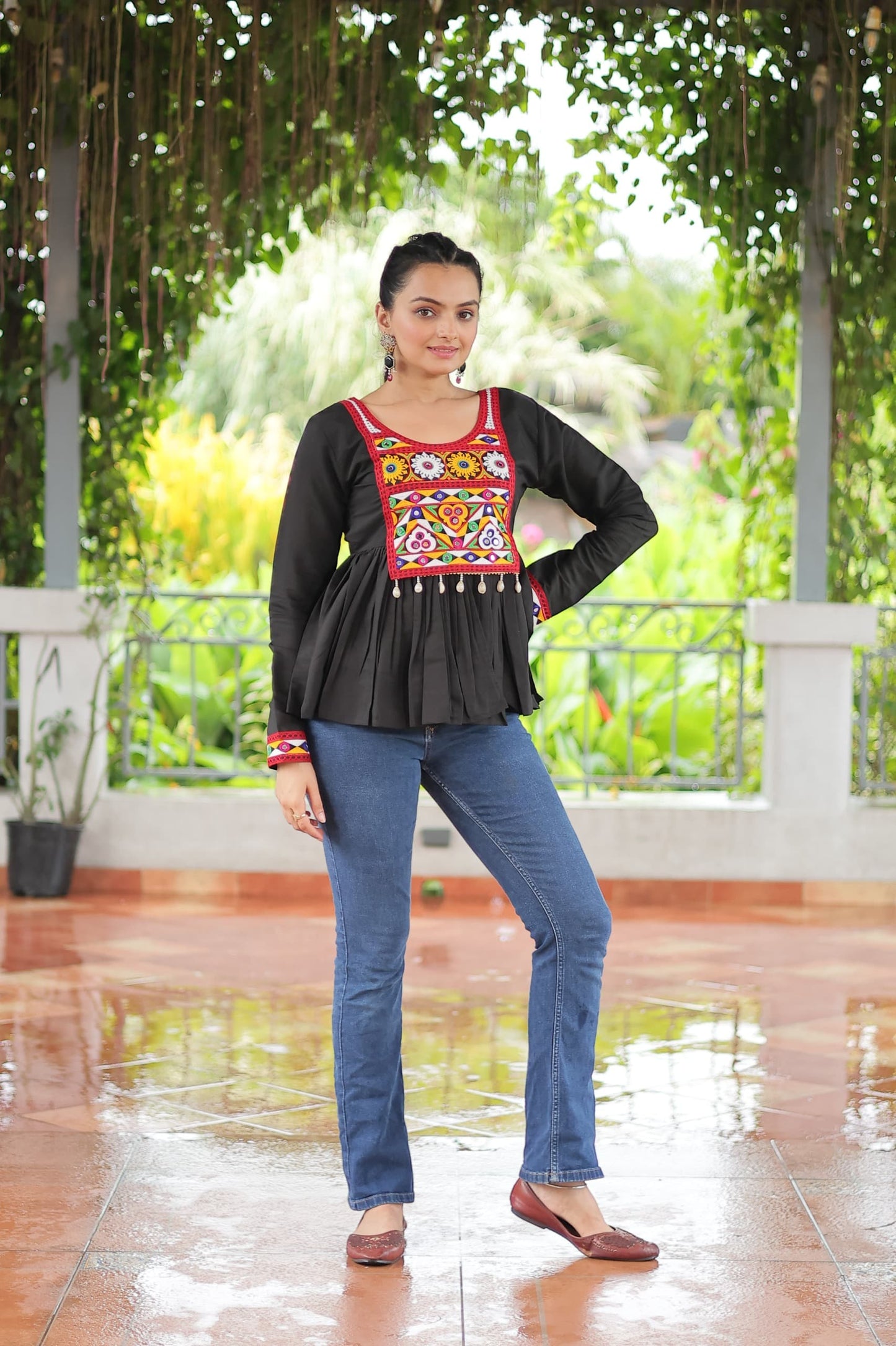 Prazu Fashion Black Roman Silk With Kutchi Gamthi Work Navaratri Top - Swadesiicart