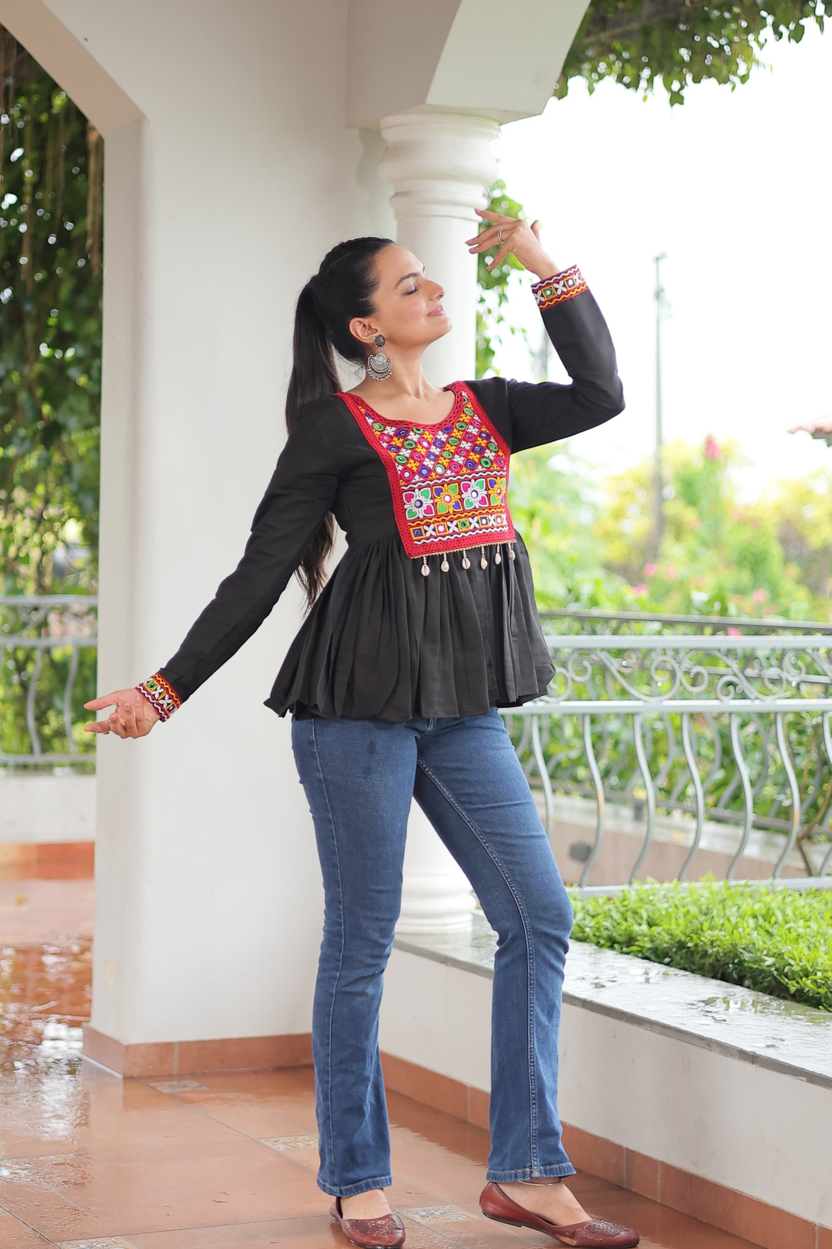 Prazu Fashion Black Roman Silk With Kutchi Gamthi Work Navaratri Top - Swadesiicart