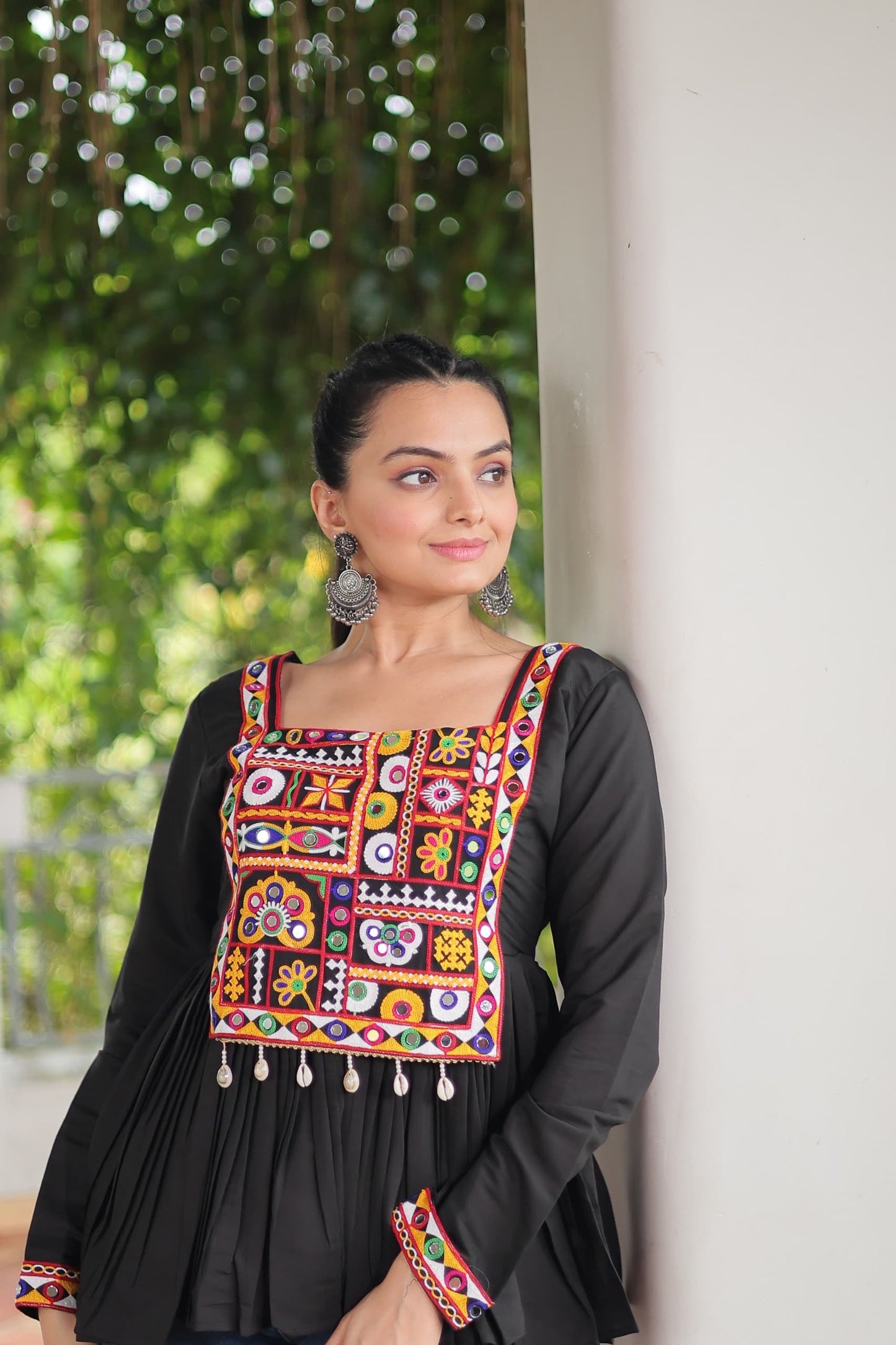 Prazu Fashion Black Roman Silk With Kutchi Gamthi Work Navaratri Top - Swadesiicart