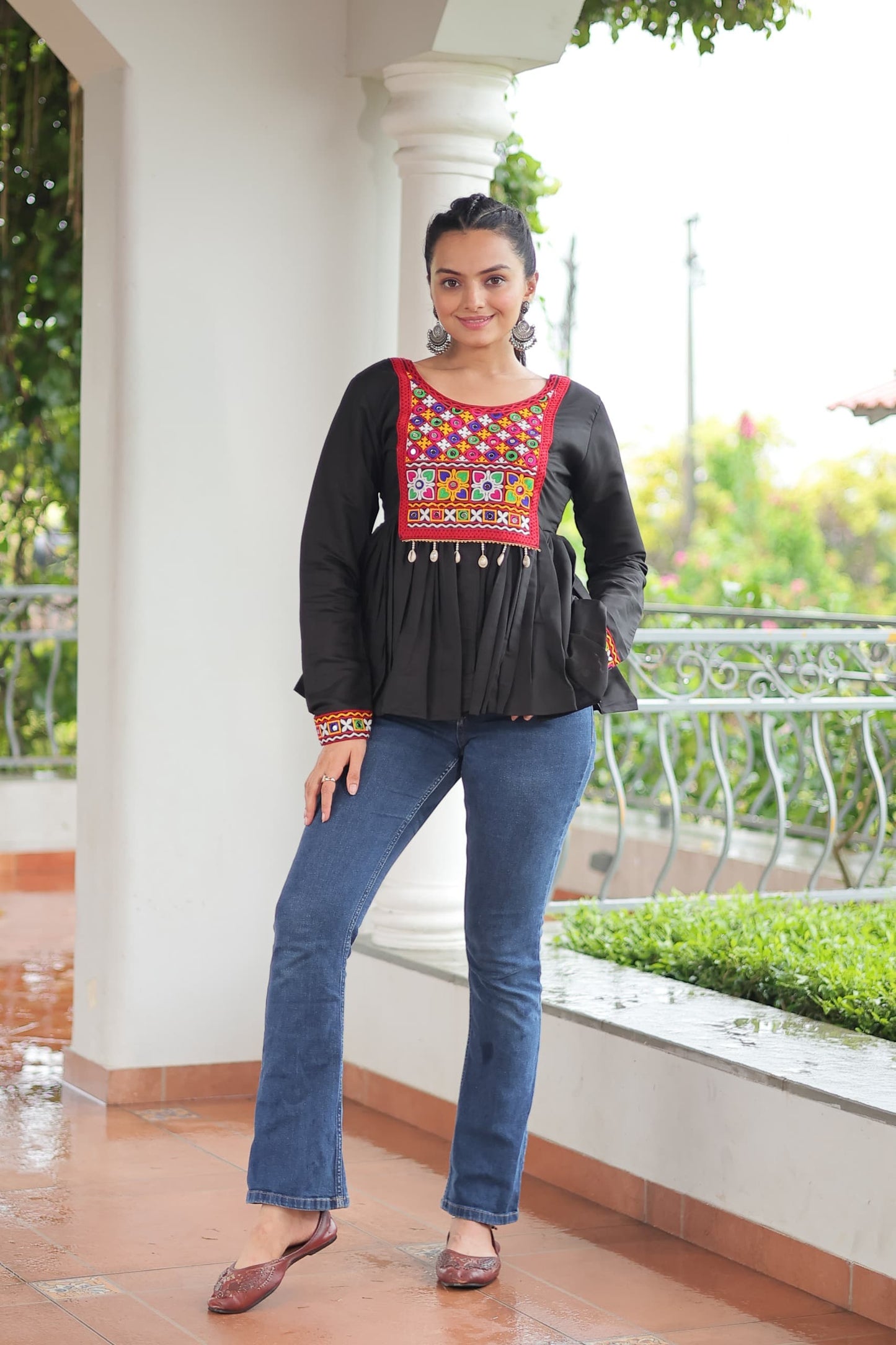Prazu Fashion Black Roman Silk With Kutchi Gamthi Work Navaratri Top - Swadesiicart