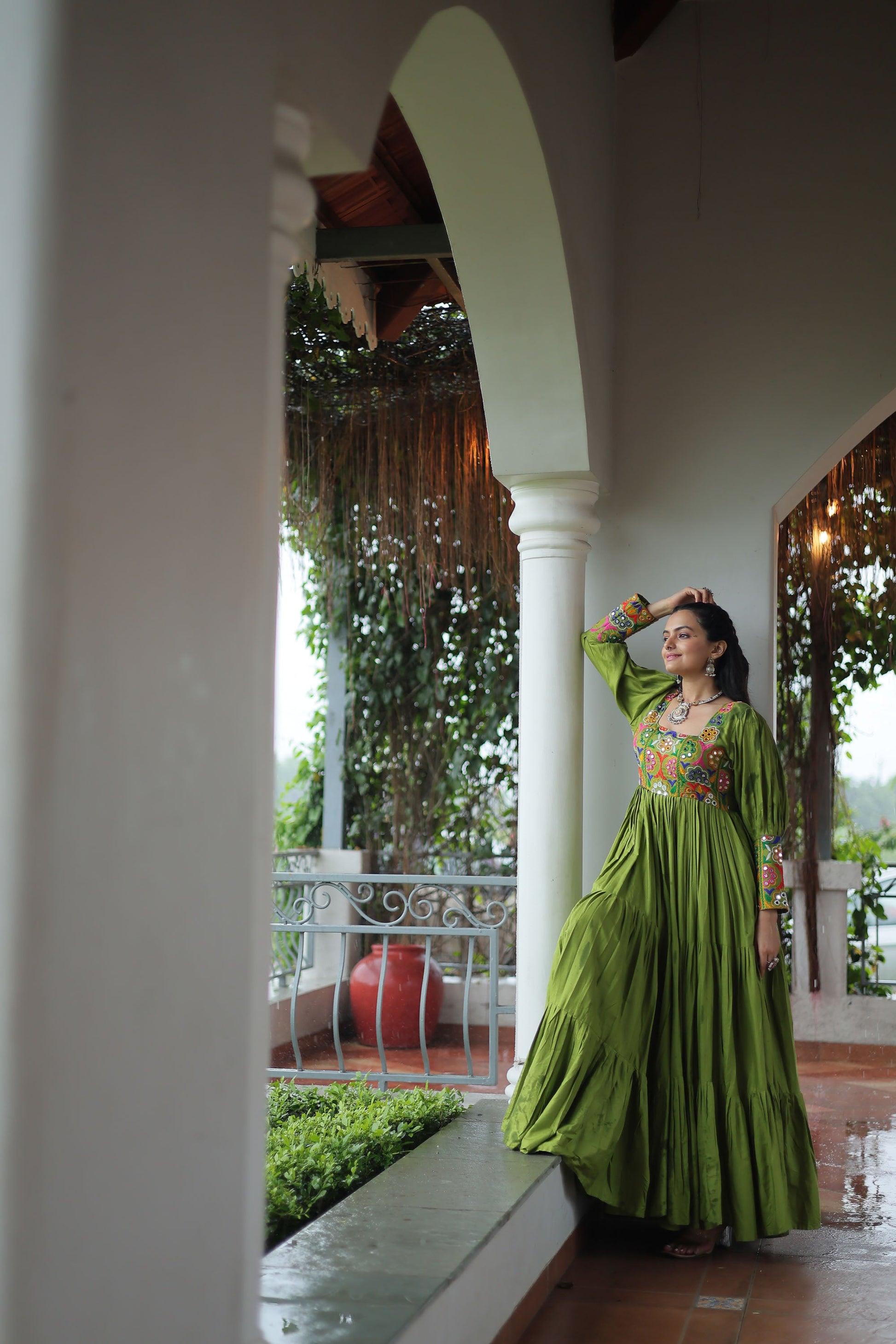 Lorenvalley Fashion Parotgreen Rayon with Kutchi Gamthi Work Gown | Swadesiicart