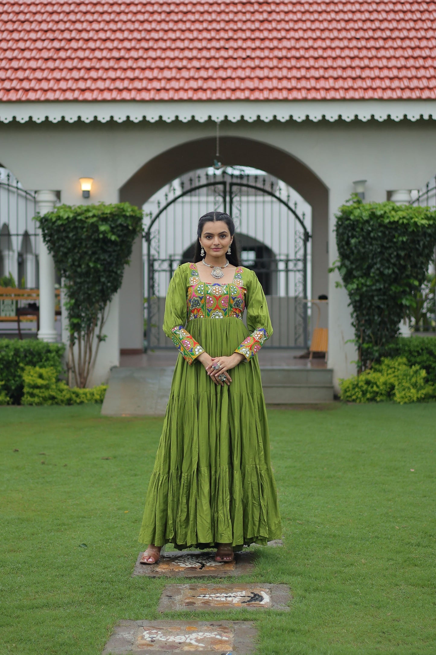 Lorenvalley Fashion Parotgreen Rayon with Kutchi Gamthi Work Gown | Swadesiicart