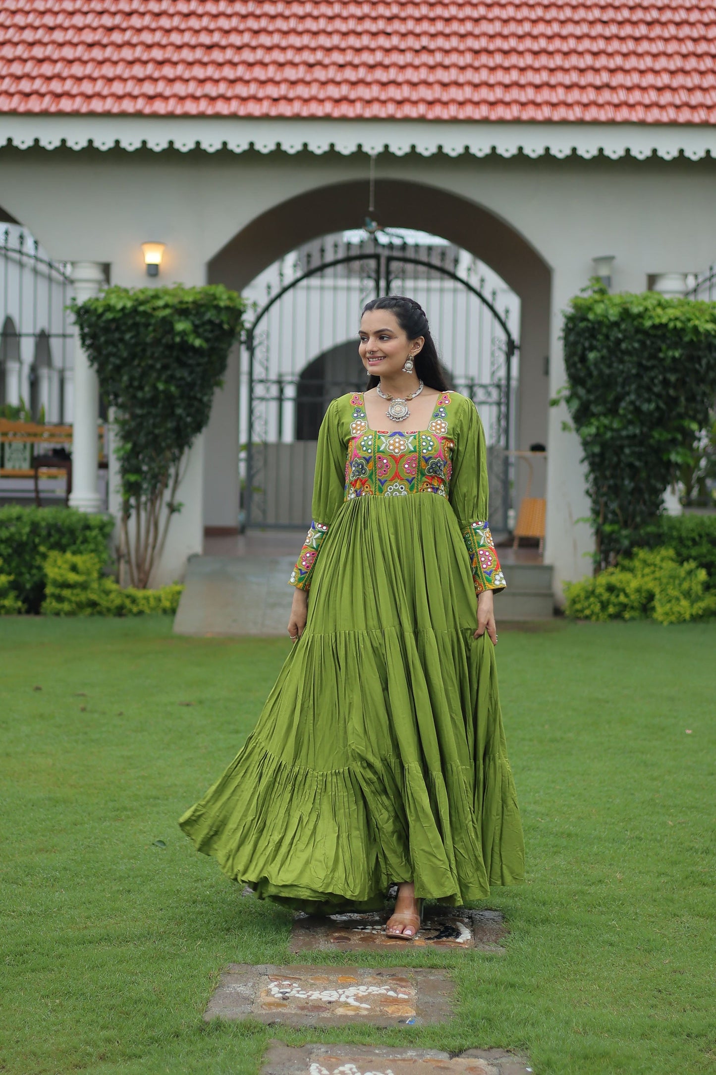 Lorenvalley Fashion Parotgreen Rayon with Kutchi Gamthi Work Gown | Swadesiicart
