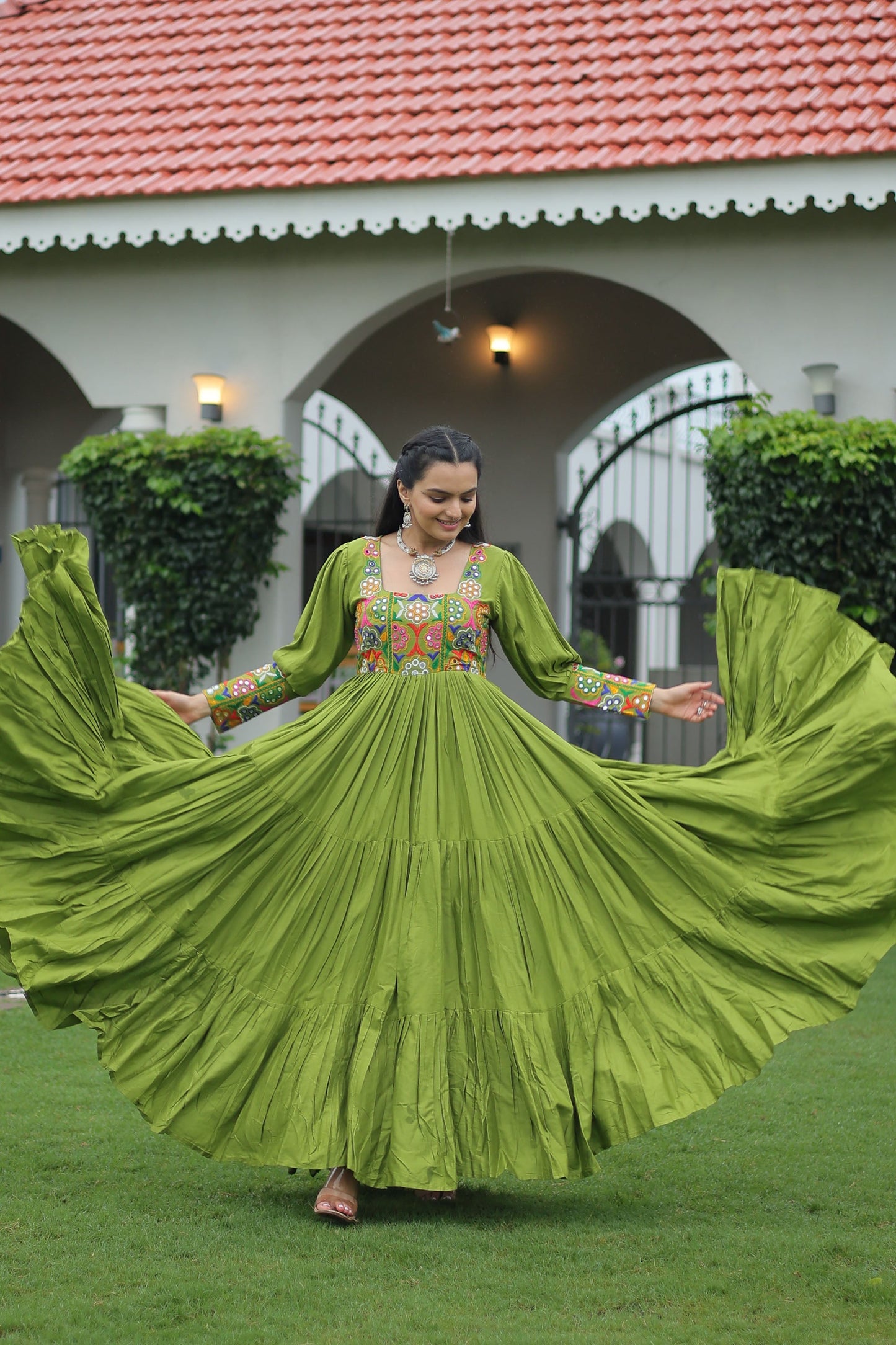 Lorenvalley Fashion Parotgreen Rayon with Kutchi Gamthi Work Gown | Swadesiicart
