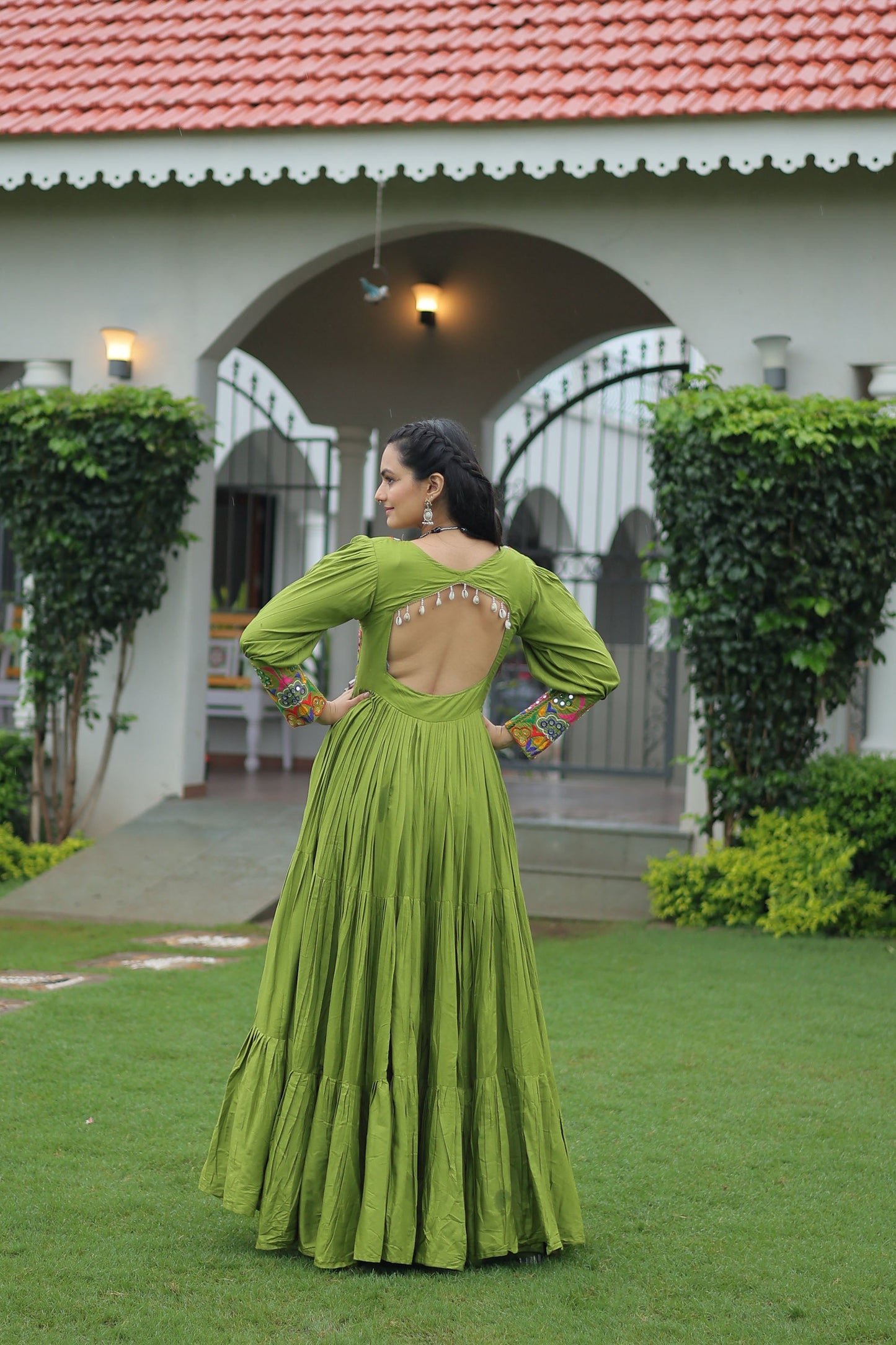 Lorenvalley Fashion Parotgreen Rayon with Kutchi Gamthi Work Gown | Swadesiicart