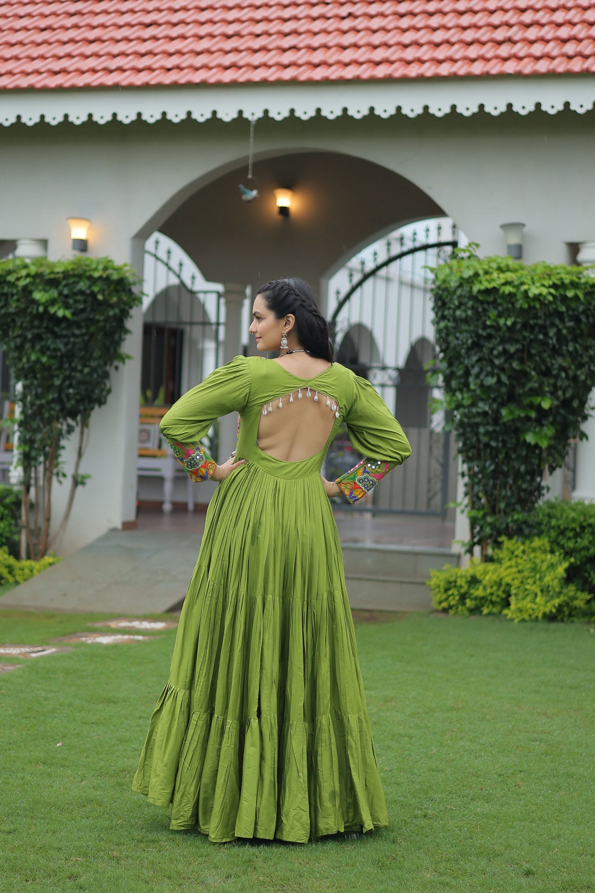 Lorenvalley Fashion Parotgreen Rayon with Kutchi Gamthi Work Gown | Swadesiicart
