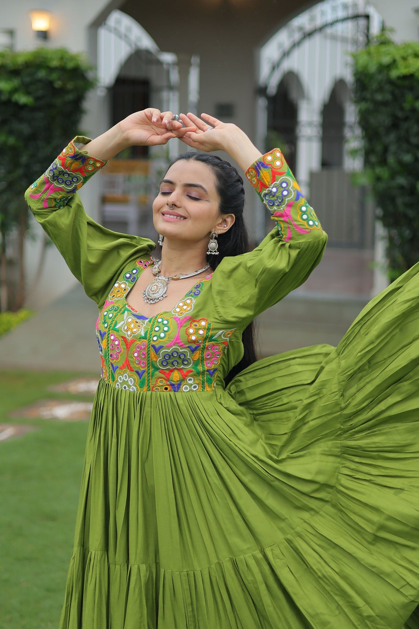 Lorenvalley Fashion Parotgreen Rayon with Kutchi Gamthi Work Gown | Swadesiicart
