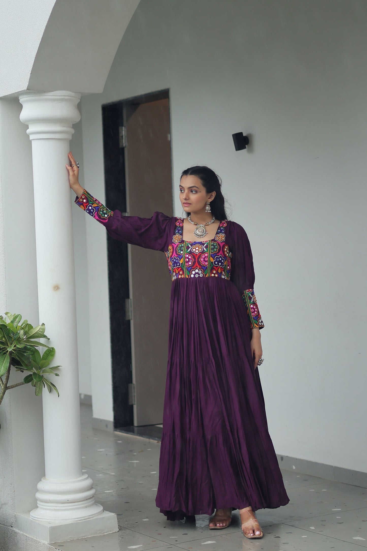 Lorenvalley Fashion Wine Rayon with Kutchi Gamthi Work Gown | Swadesiicart