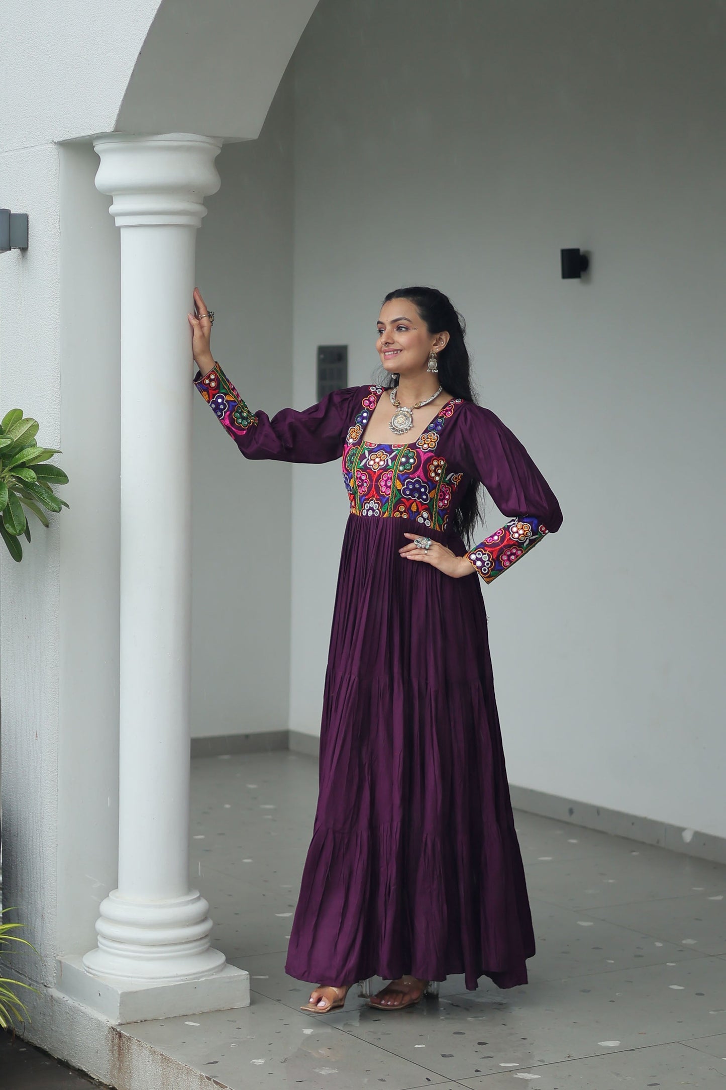 Lorenvalley Fashion Wine Rayon with Kutchi Gamthi Work Gown | Swadesiicart