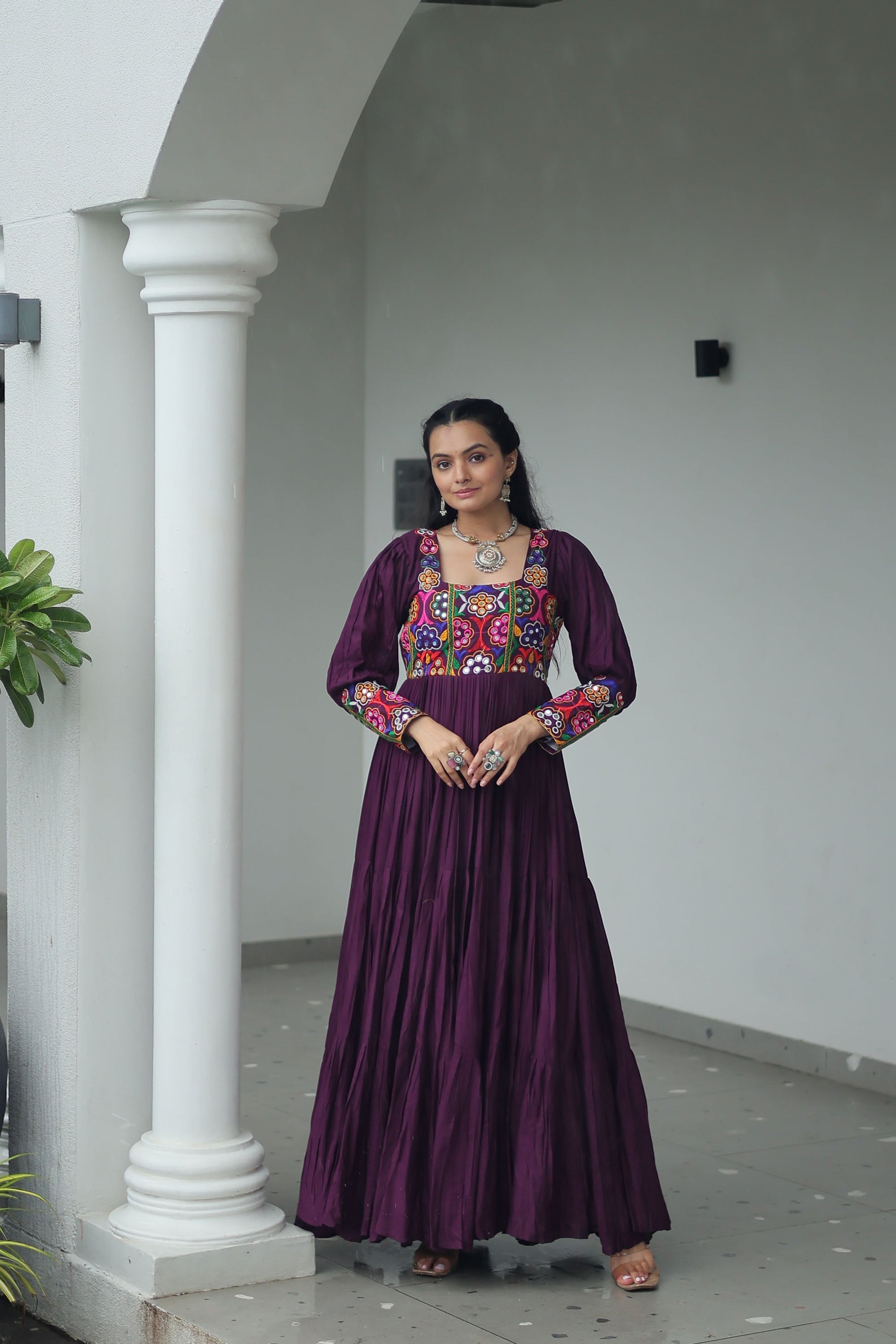 Lorenvalley Fashion Wine Rayon with Kutchi Gamthi Work Gown | Swadesiicart