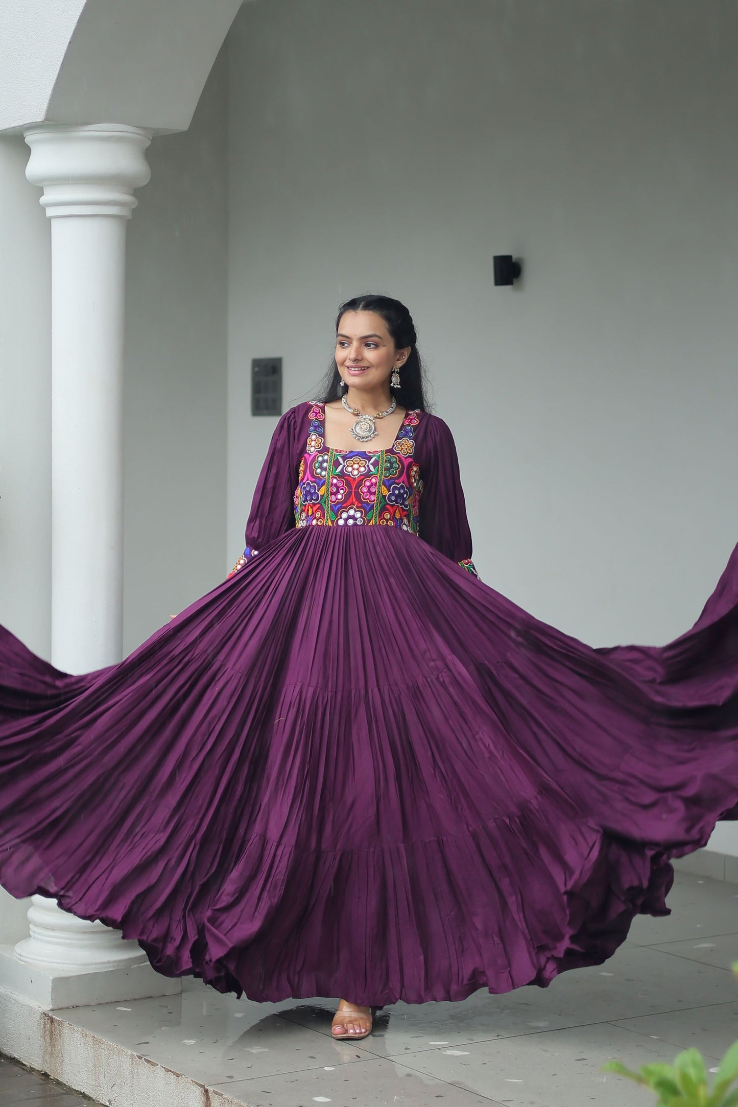 Lorenvalley Fashion Wine Rayon with Kutchi Gamthi Work Gown | Swadesiicart