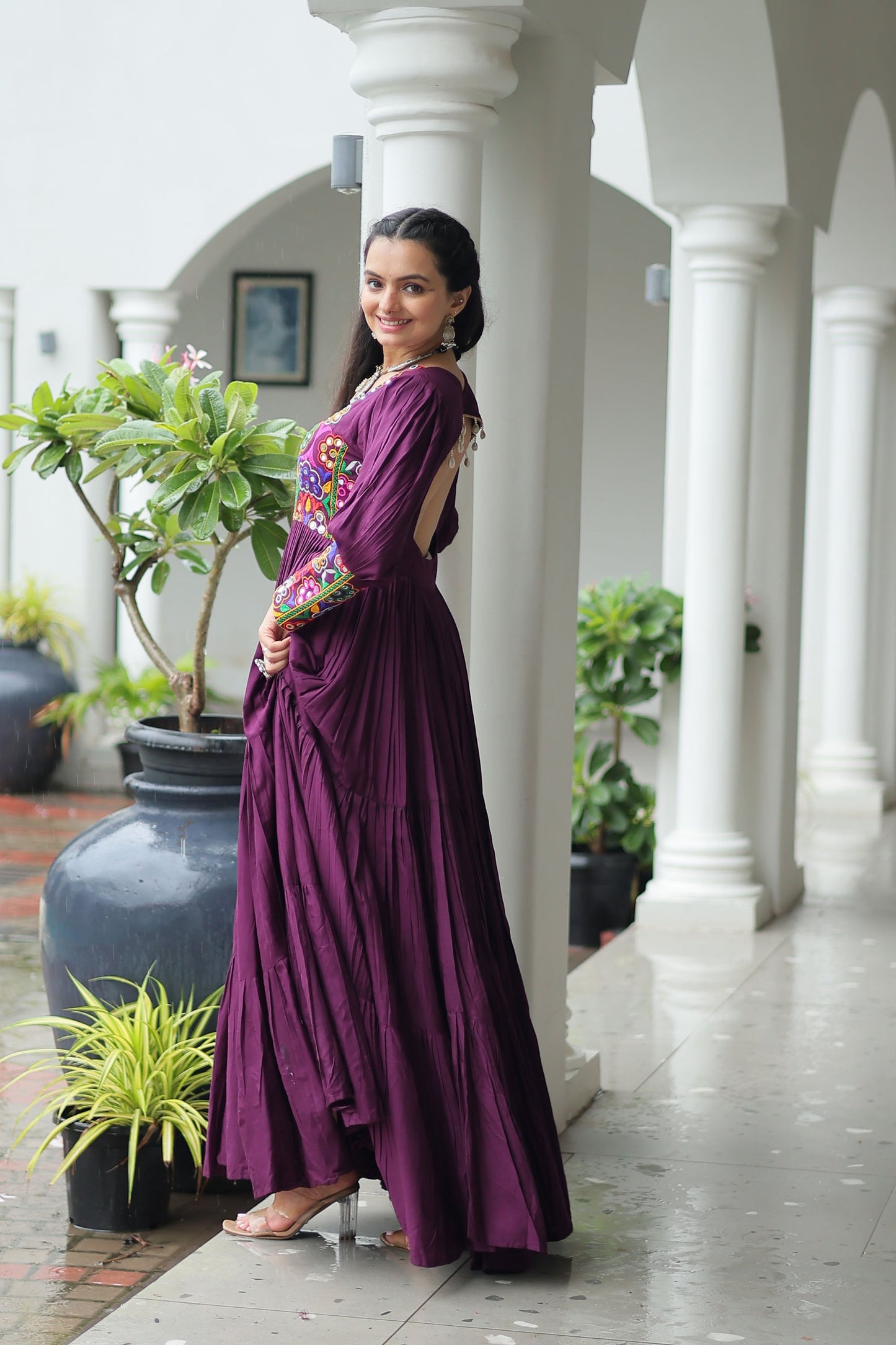 Lorenvalley Fashion Wine Rayon with Kutchi Gamthi Work Gown | Swadesiicart