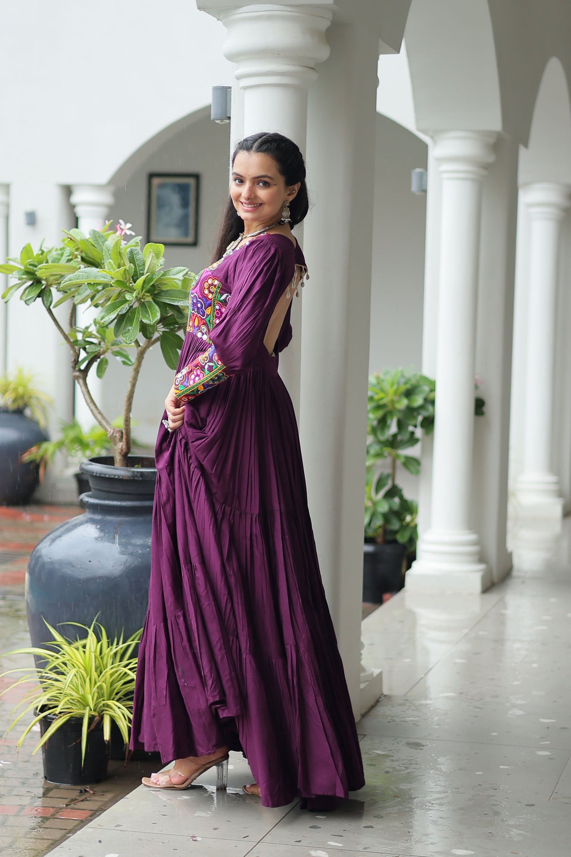 Lorenvalley Fashion Wine Rayon with Kutchi Gamthi Work Gown | Swadesiicart