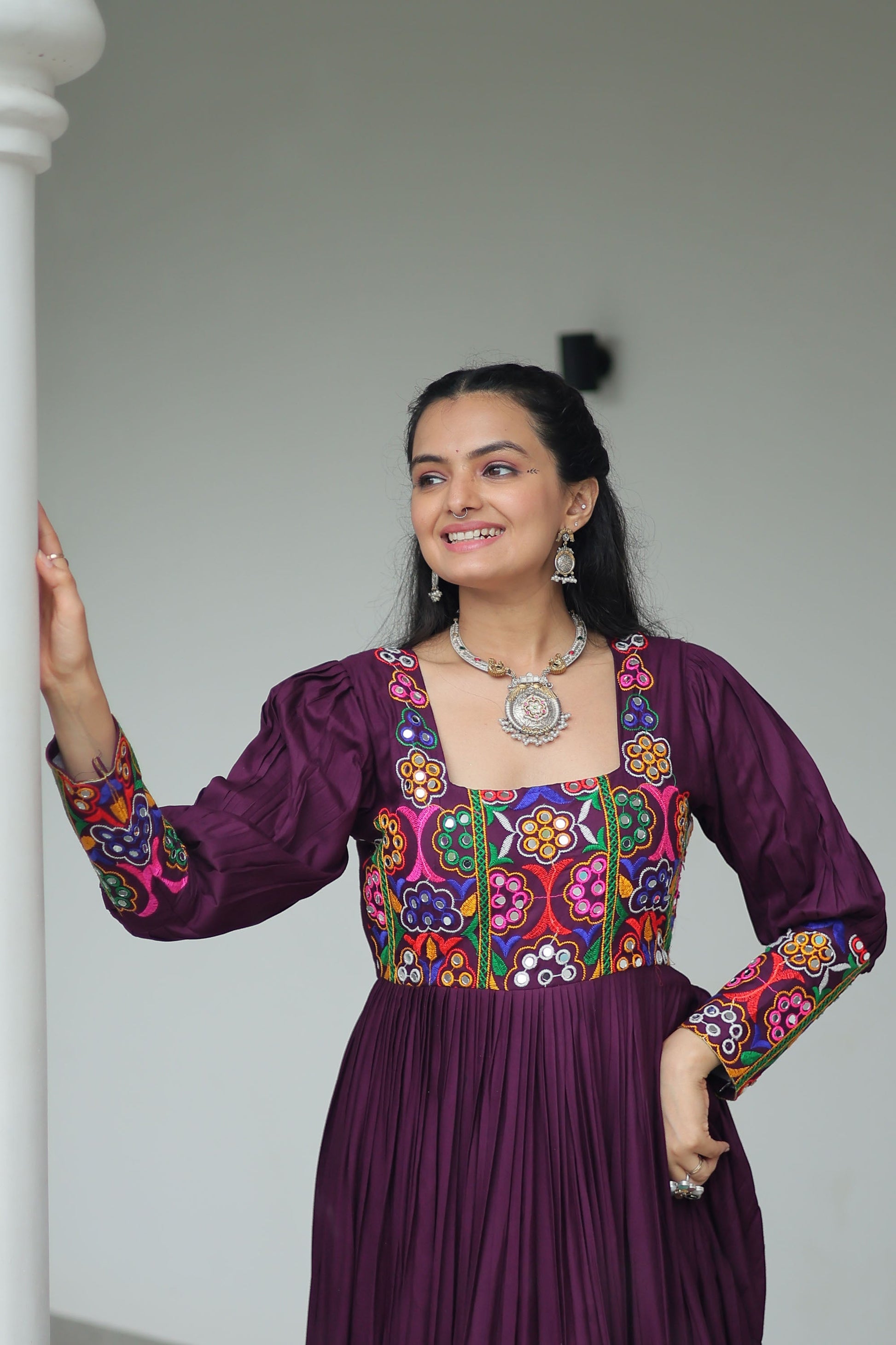 Lorenvalley Fashion Wine Rayon with Kutchi Gamthi Work Gown | Swadesiicart
