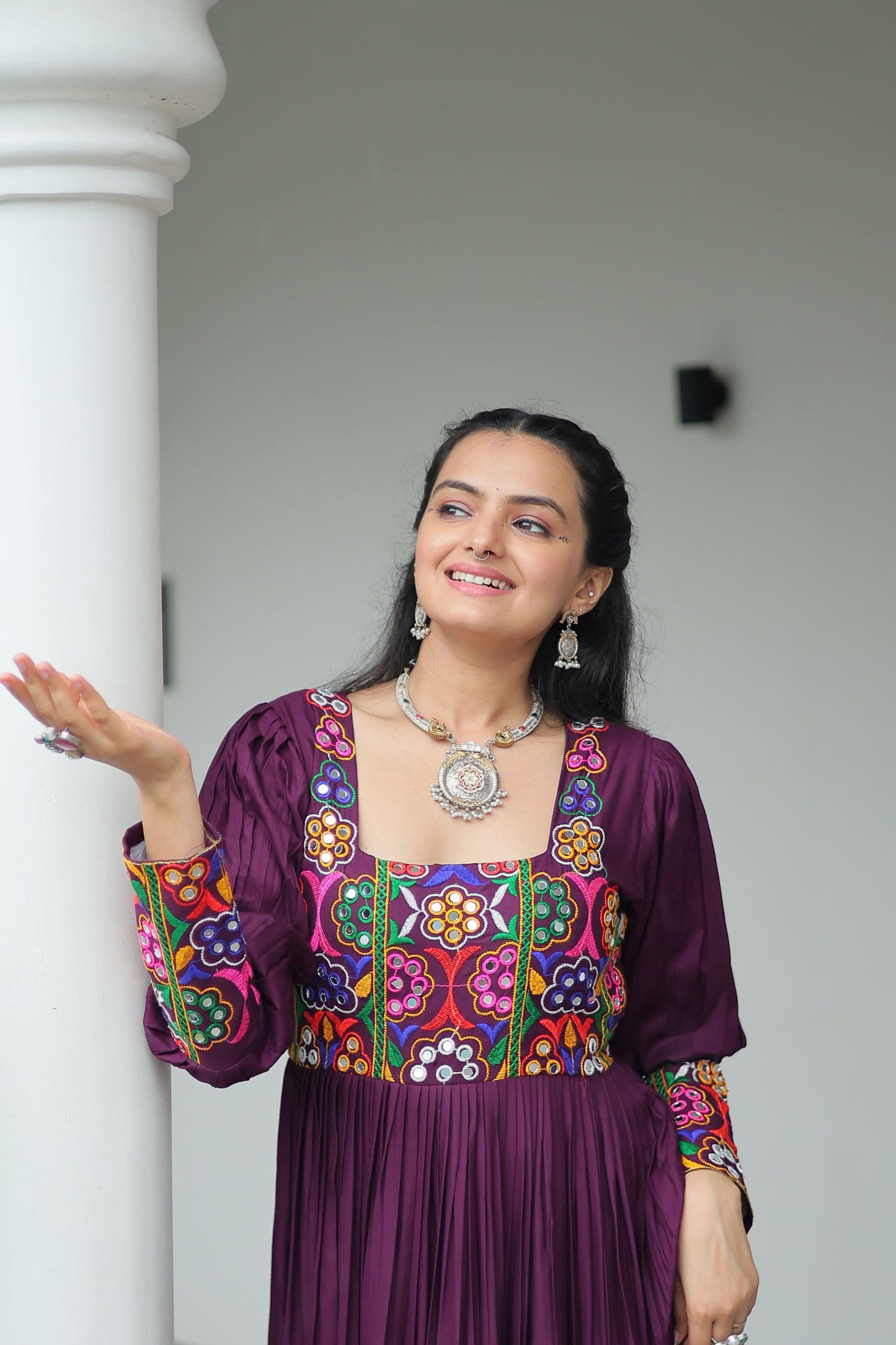 Lorenvalley Fashion Wine Rayon with Kutchi Gamthi Work Gown | Swadesiicart