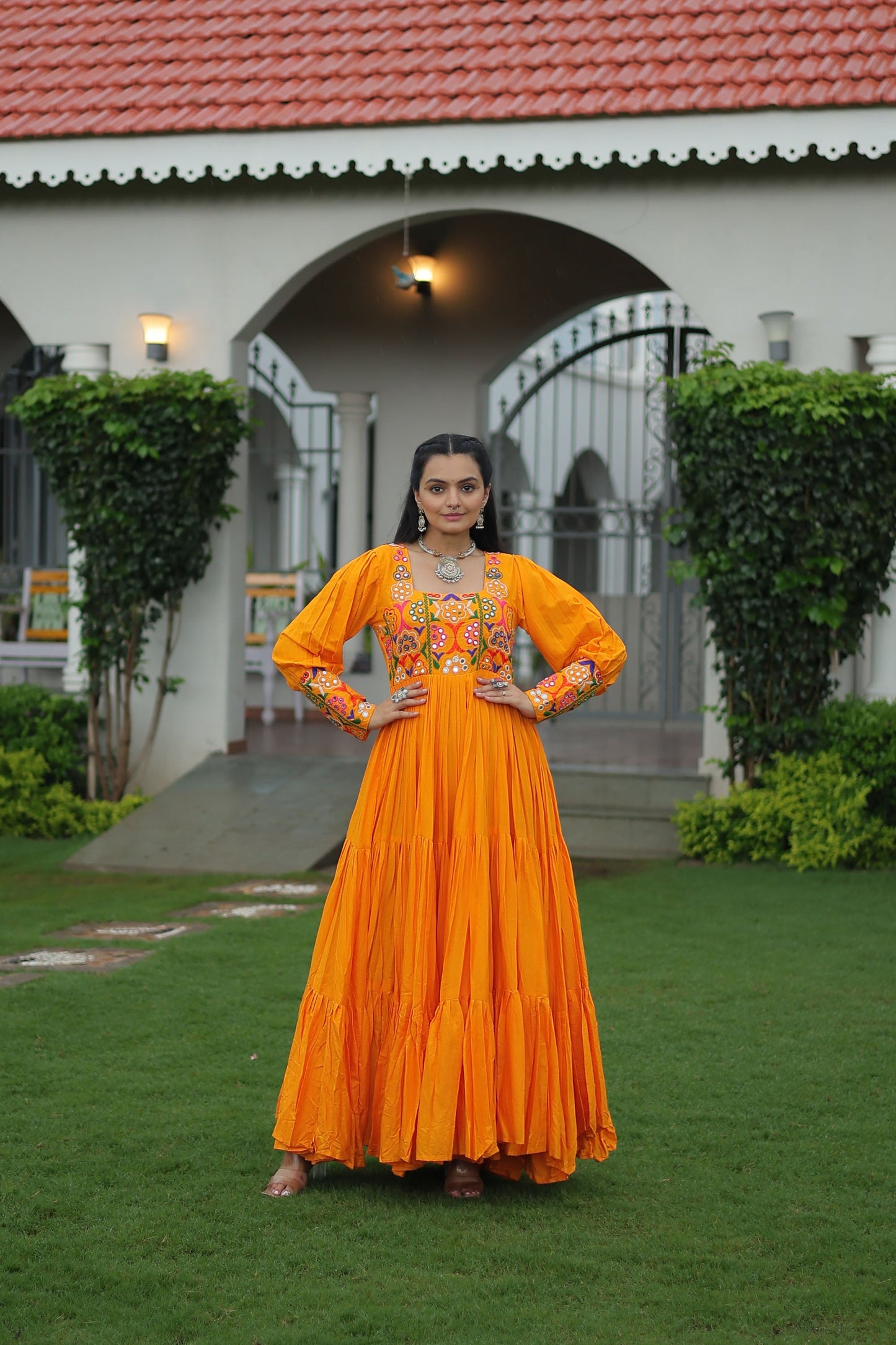 Lorenvalley Fashion Orange Rayon with Kutchi Gamthi Work Gown | Swadesiicart