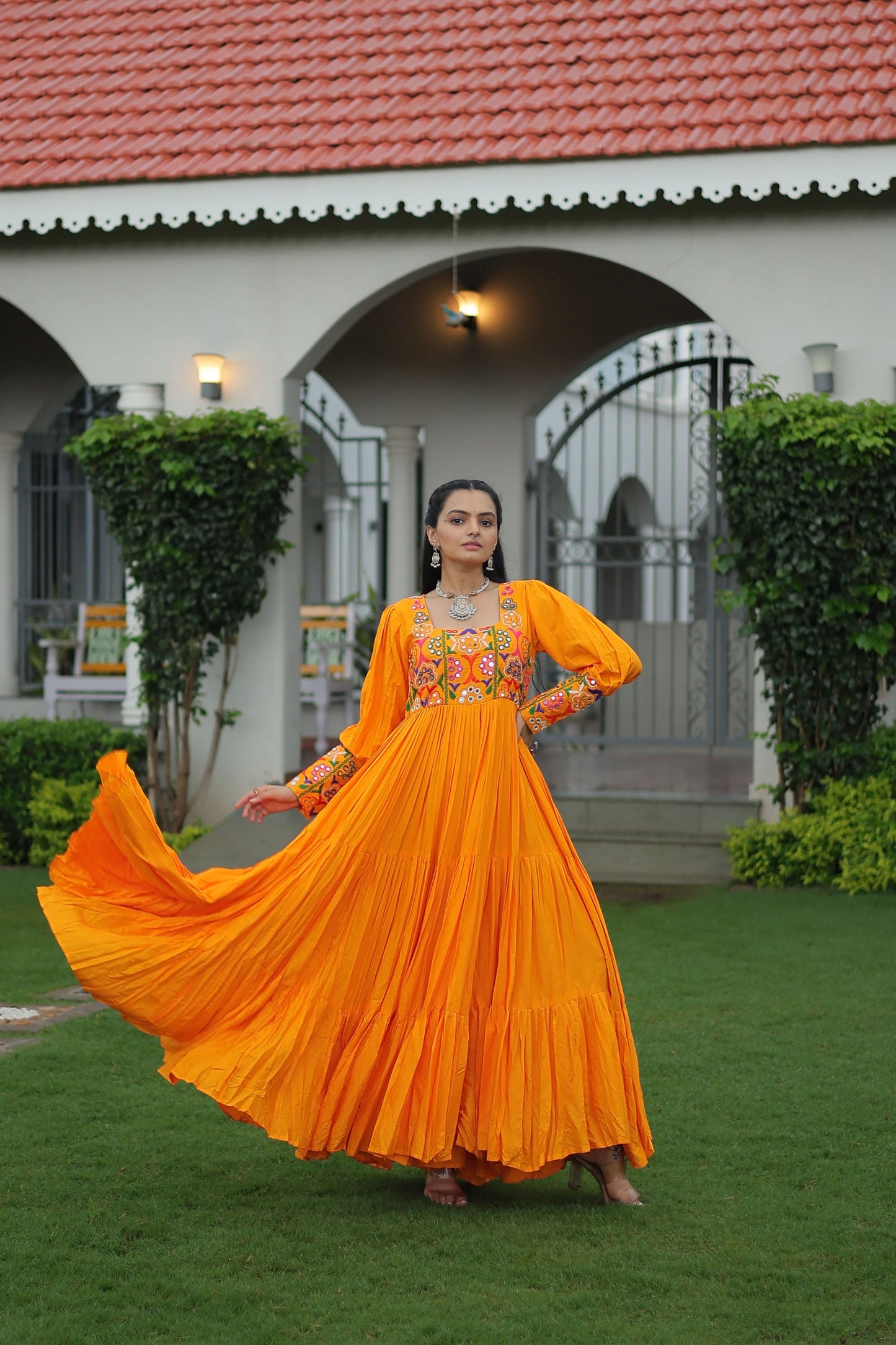 Lorenvalley Fashion Orange Rayon with Kutchi Gamthi Work Gown | Swadesiicart