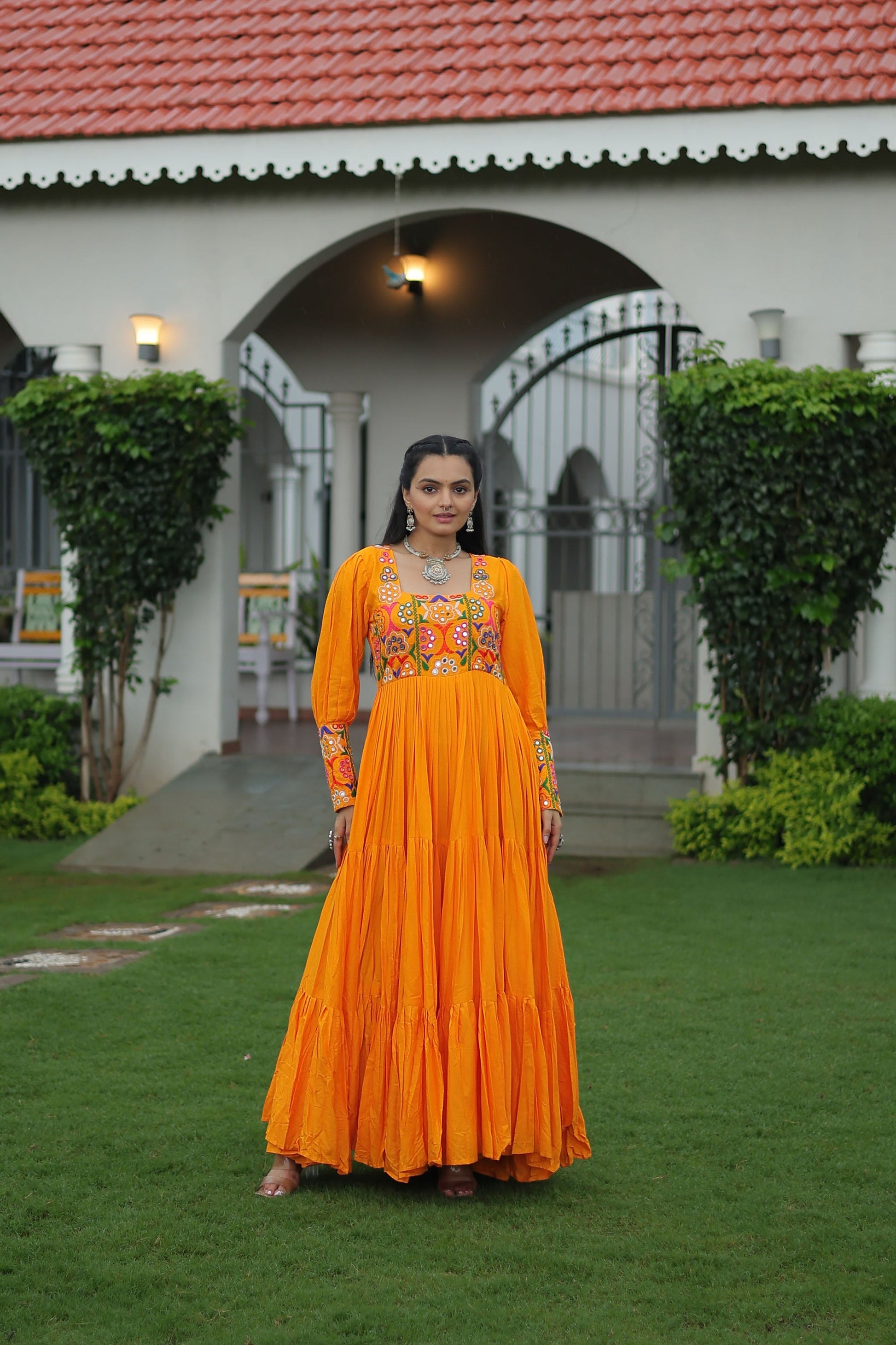 Lorenvalley Fashion Orange Rayon with Kutchi Gamthi Work Gown | Swadesiicart
