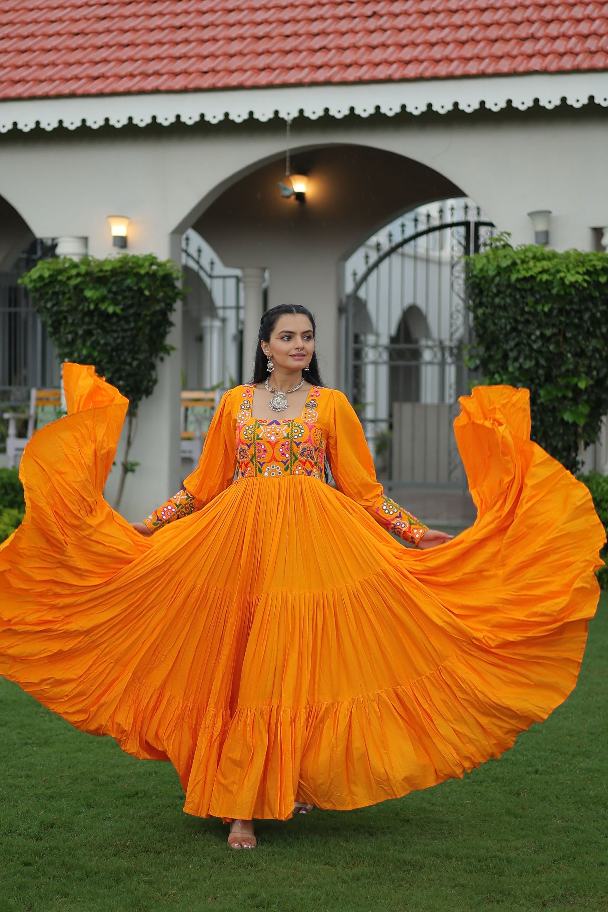 Lorenvalley Fashion Orange Rayon with Kutchi Gamthi Work Gown | Swadesiicart
