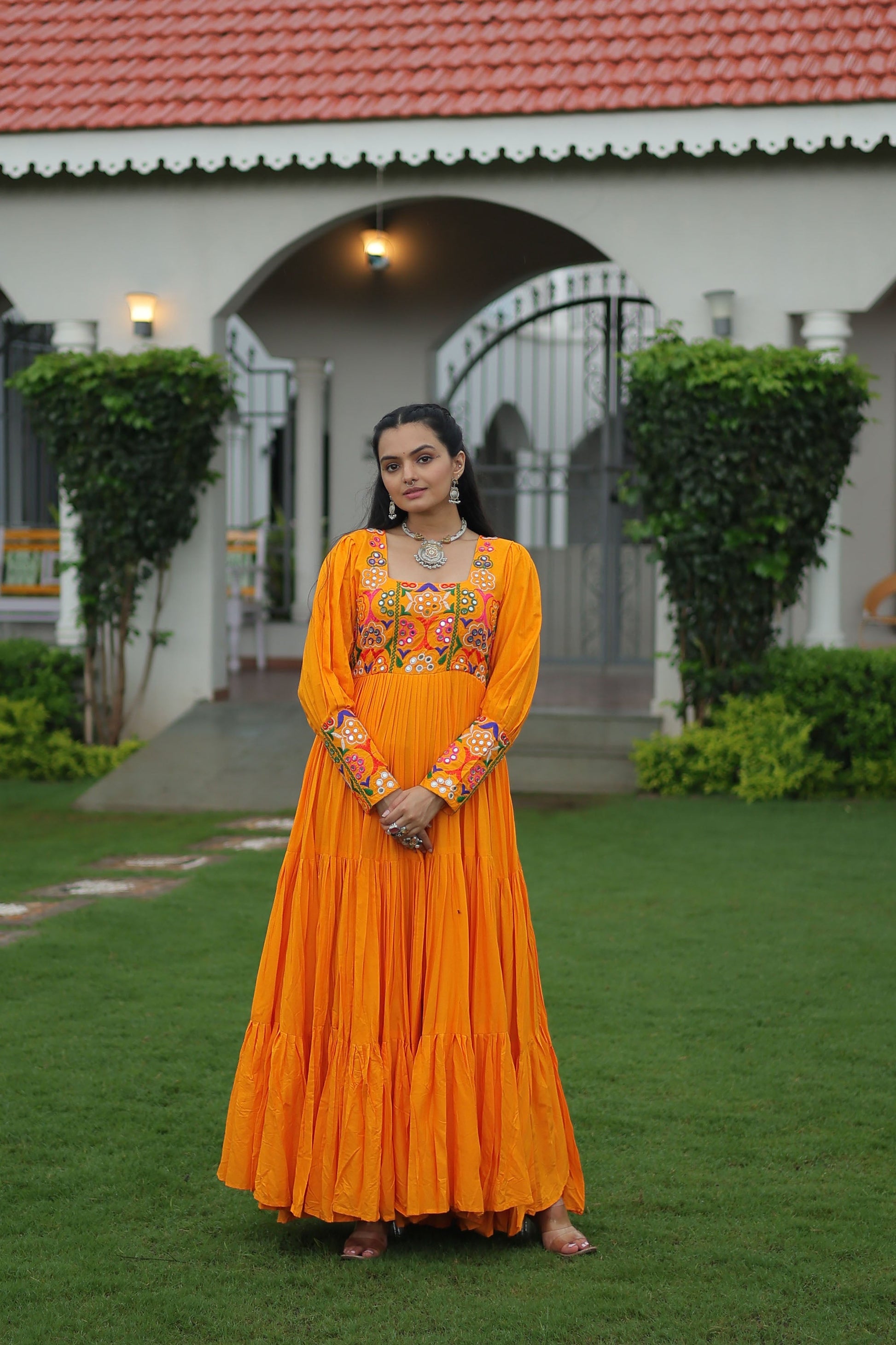 Lorenvalley Fashion Orange Rayon with Kutchi Gamthi Work Gown | Swadesiicart