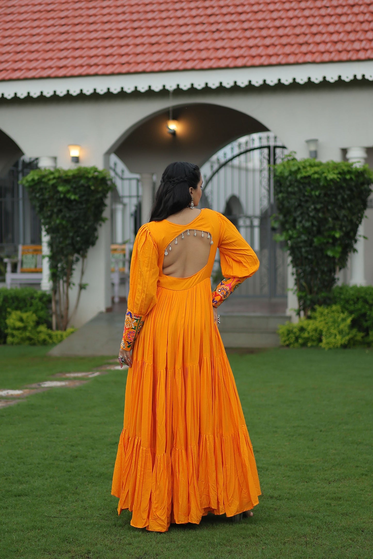 Lorenvalley Fashion Orange Rayon with Kutchi Gamthi Work Gown | Swadesiicart
