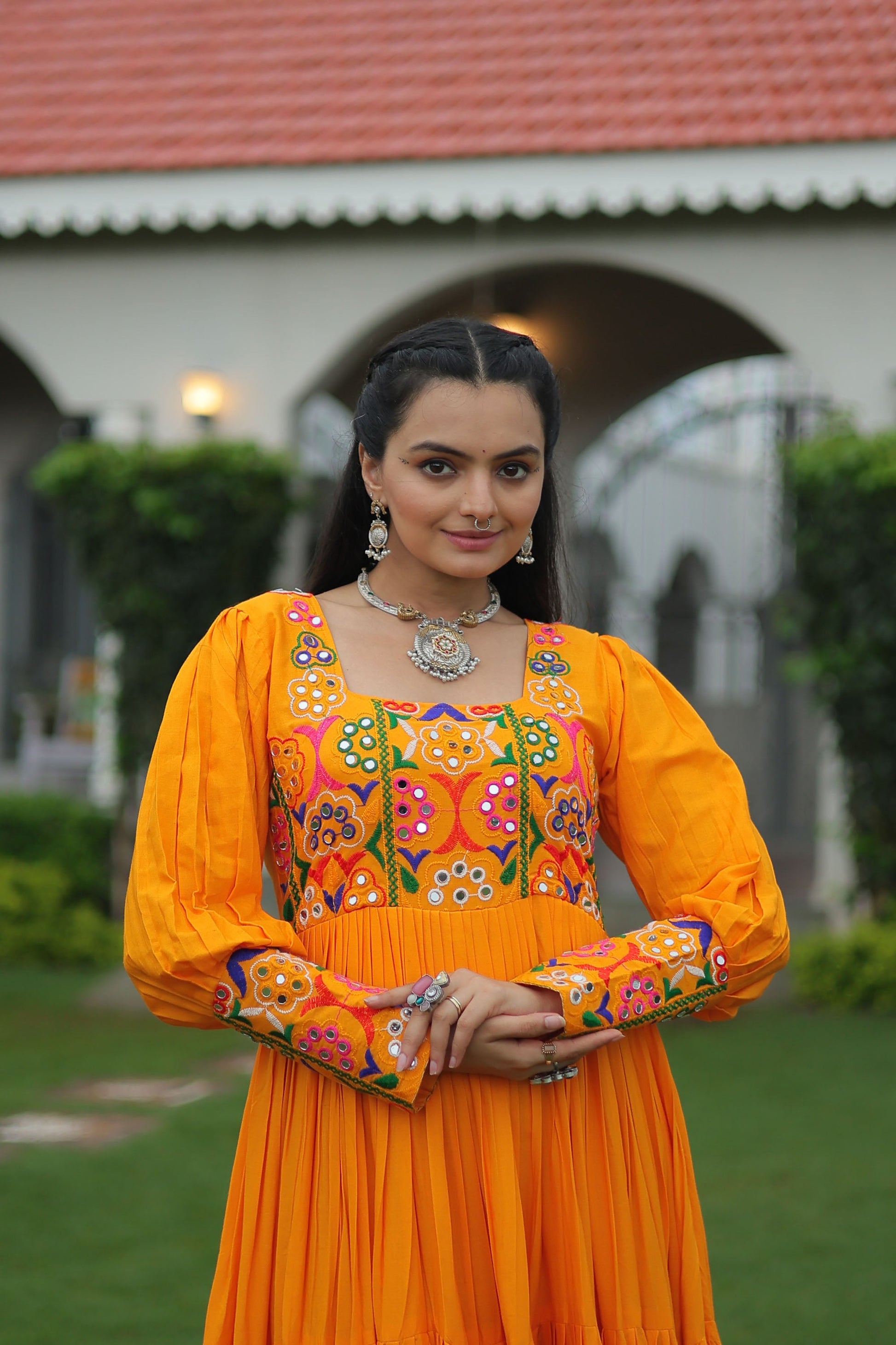 Lorenvalley Fashion Orange Rayon with Kutchi Gamthi Work Gown | Swadesiicart