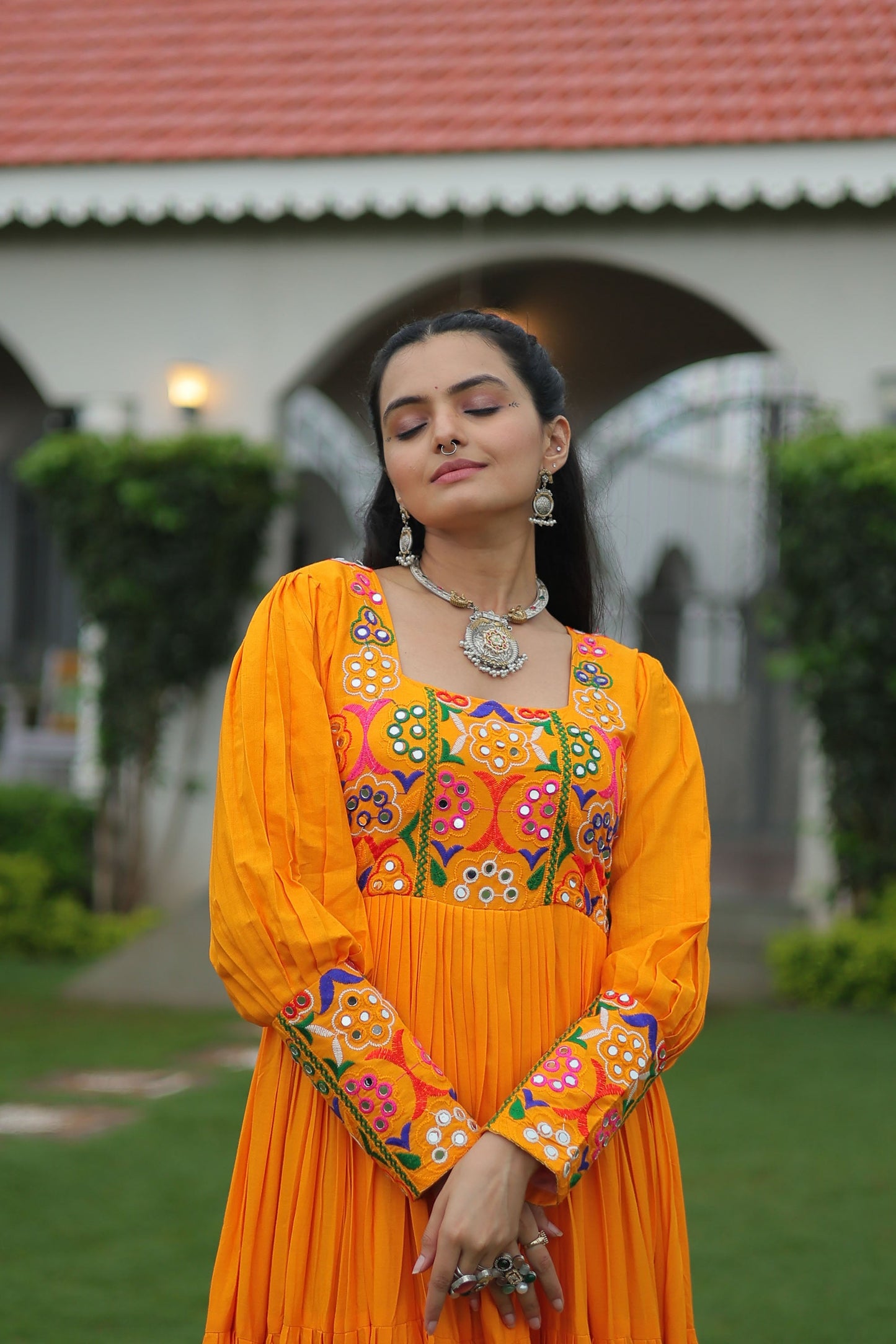 Lorenvalley Fashion Orange Rayon with Kutchi Gamthi Work Gown | Swadesiicart
