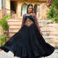 Lorenvalley Fashion Black Rayon Kutchi Gamthi Embroidered Work & Cotton Print Work Gown | Swadesiicart