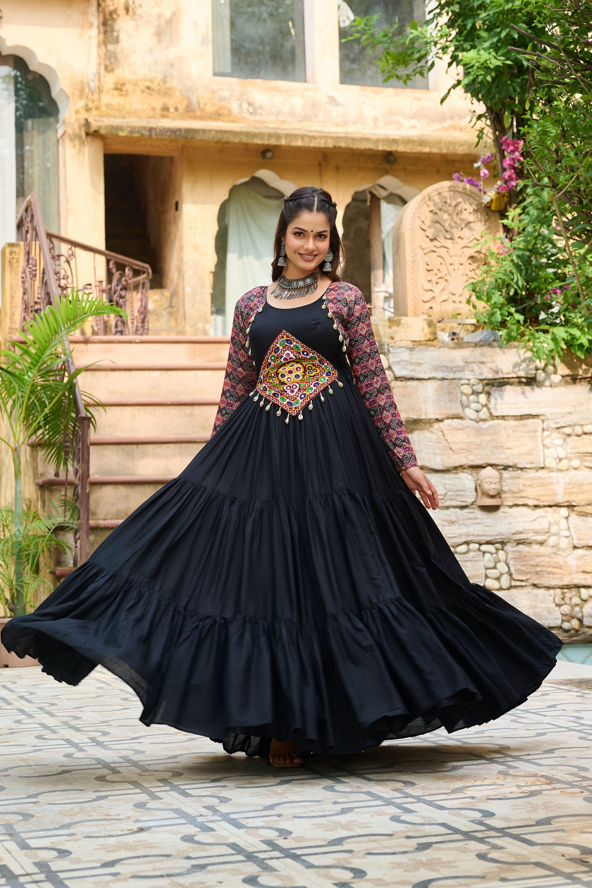 Lorenvalley Fashion Black Rayon Kutchi Gamthi Embroidered Work & Cotton Print Work Gown | Swadesiicart