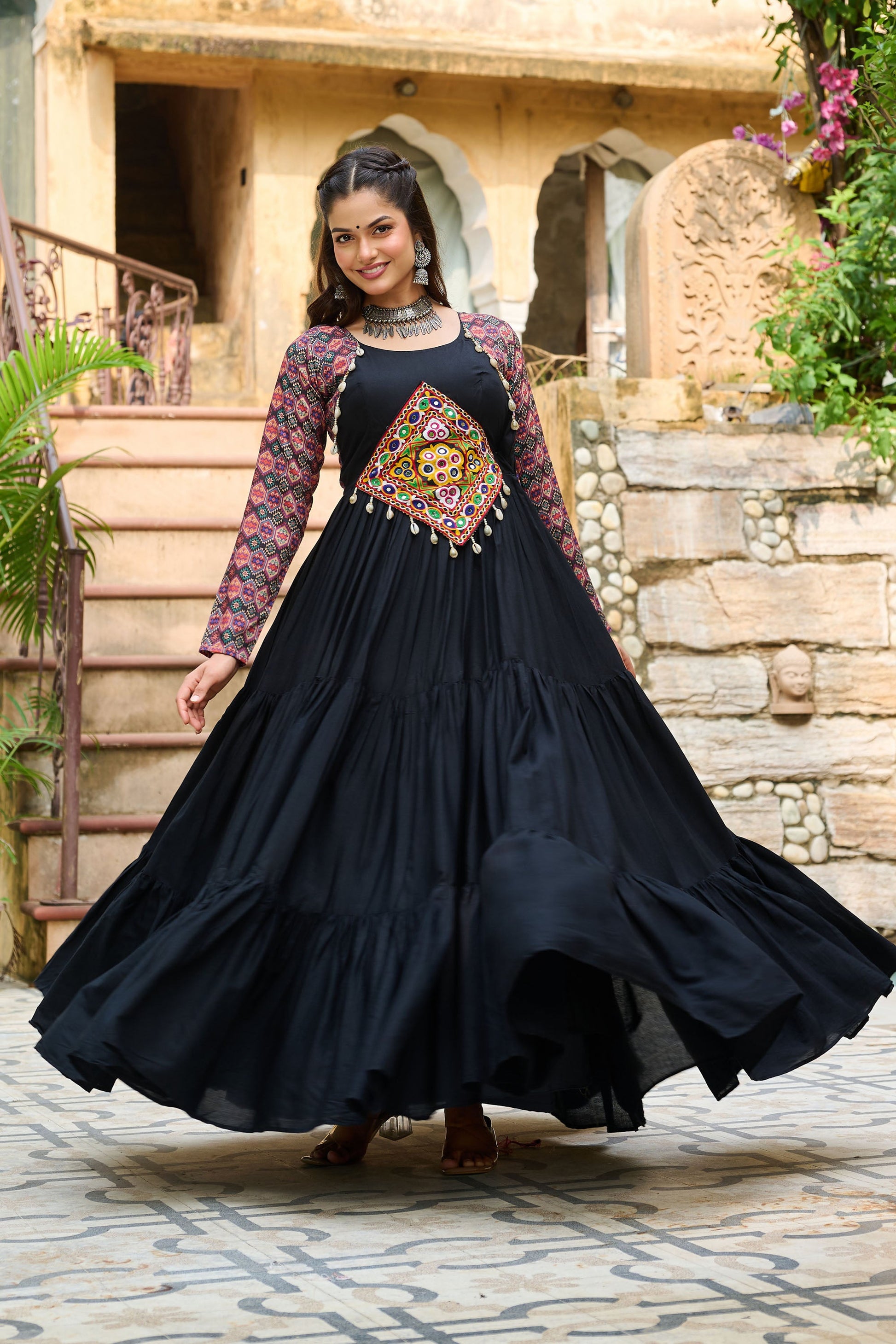 Lorenvalley Fashion Black Rayon Kutchi Gamthi Embroidered Work & Cotton Print Work Gown | Swadesiicart