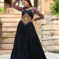 Lorenvalley Fashion Black Rayon Kutchi Gamthi Embroidered Work & Cotton Print Work Gown | Swadesiicart