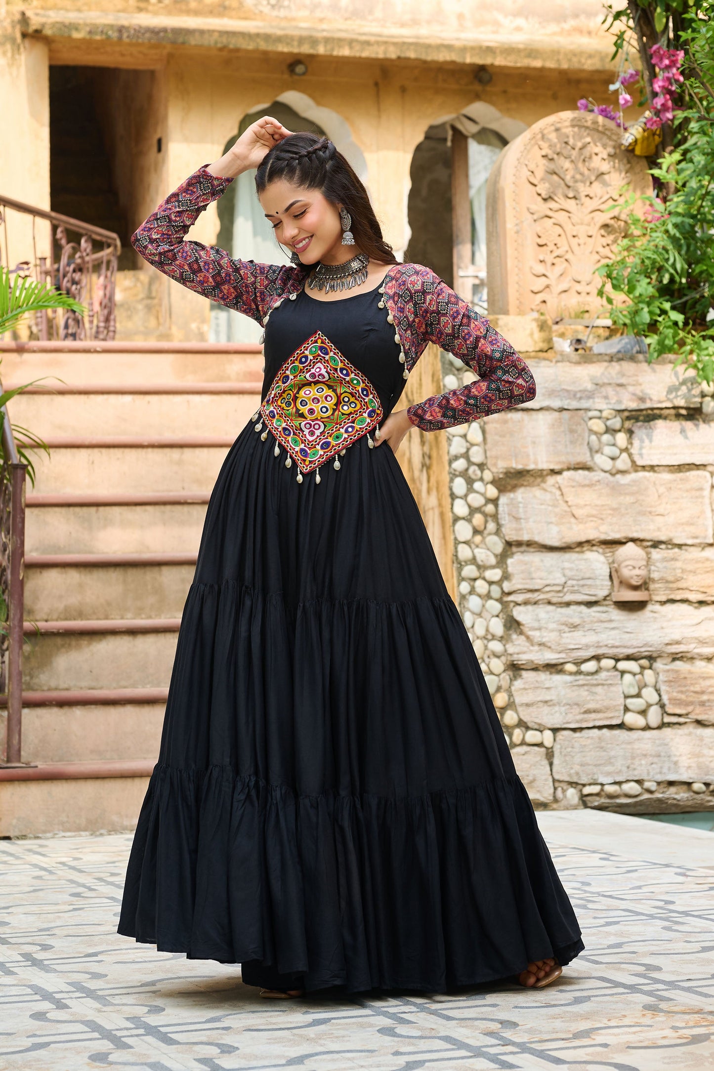 Lorenvalley Fashion Black Rayon Kutchi Gamthi Embroidered Work & Cotton Print Work Gown | Swadesiicart
